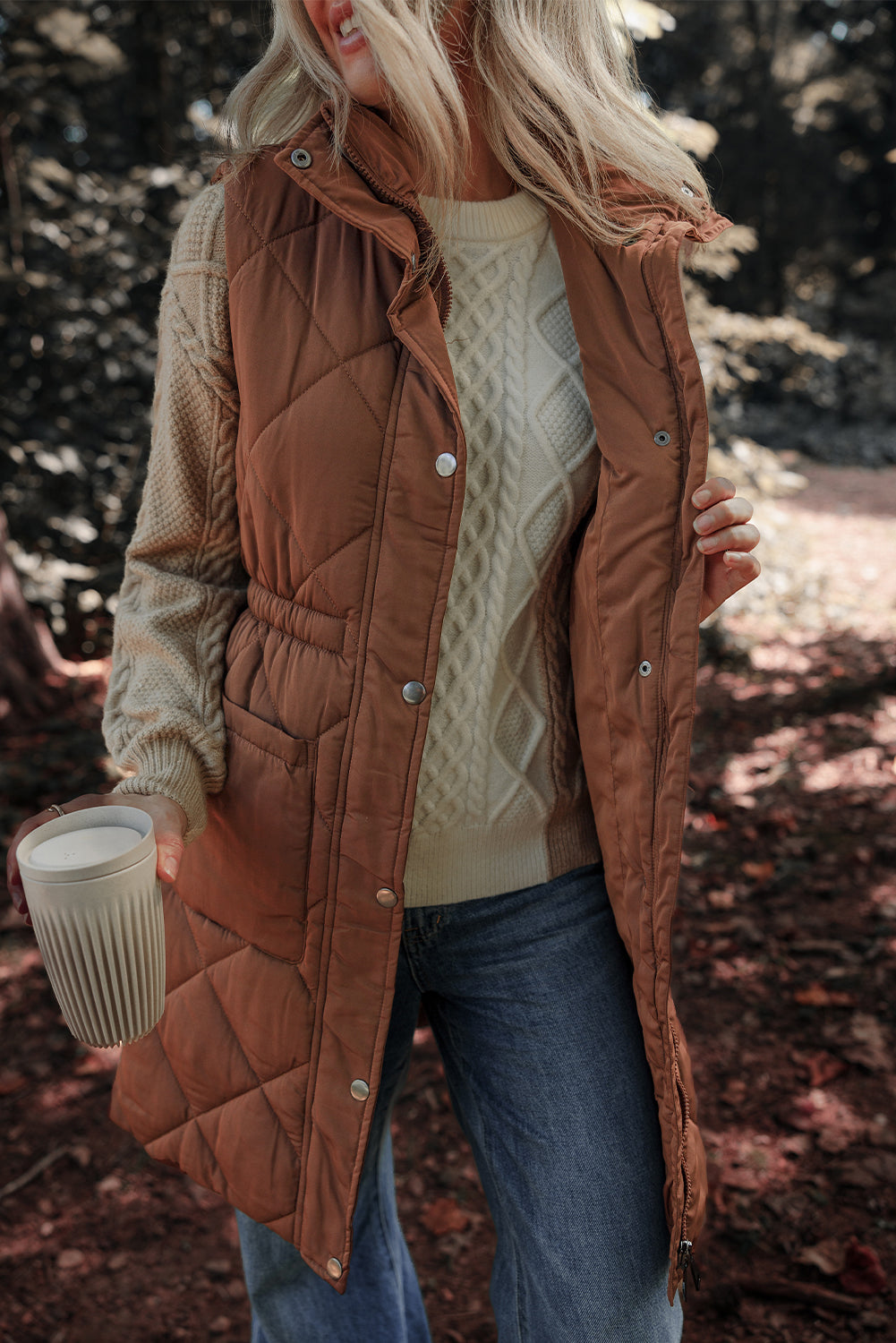Women's Vest Featuring Puffer Longline Quilted Stand Collar