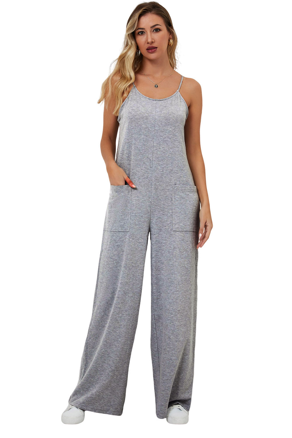 Women's Leg Jumpsuit Featuring Spaghetti Strap Wide Patch Pockets