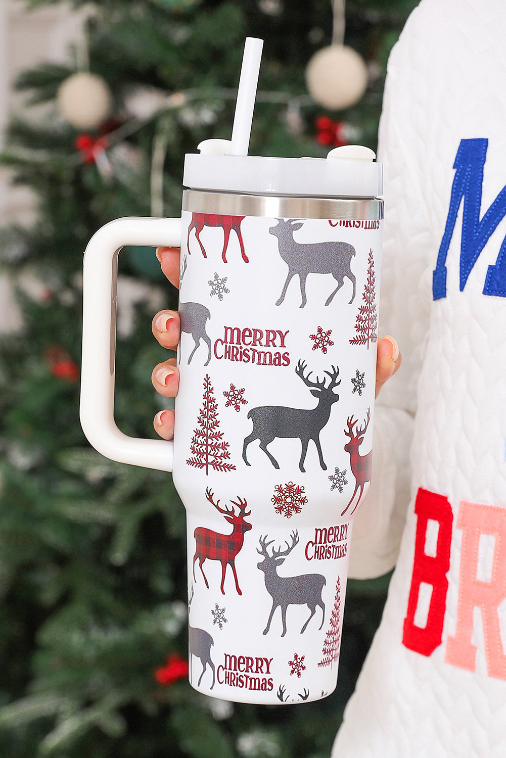 Merry Christmas Tree Snowflake Elk Print Handle Tumbler