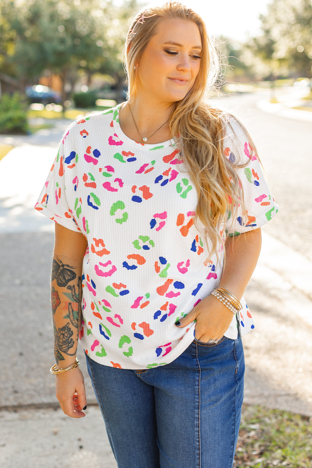 Multicolor Leopard Print Textured Plus Size T Shirt