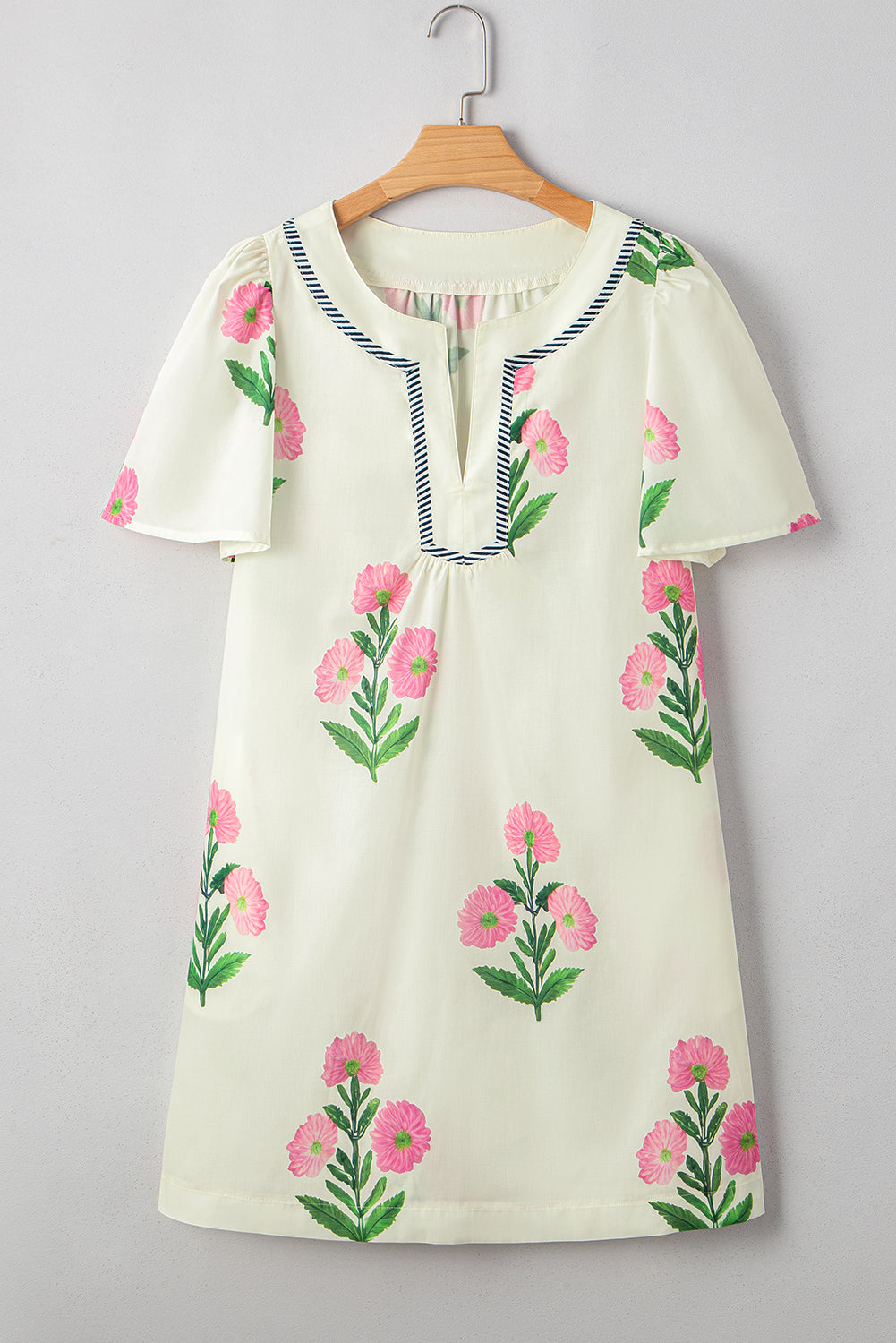 Floral Neck Short-Sleeved Split Loose Mini Dress