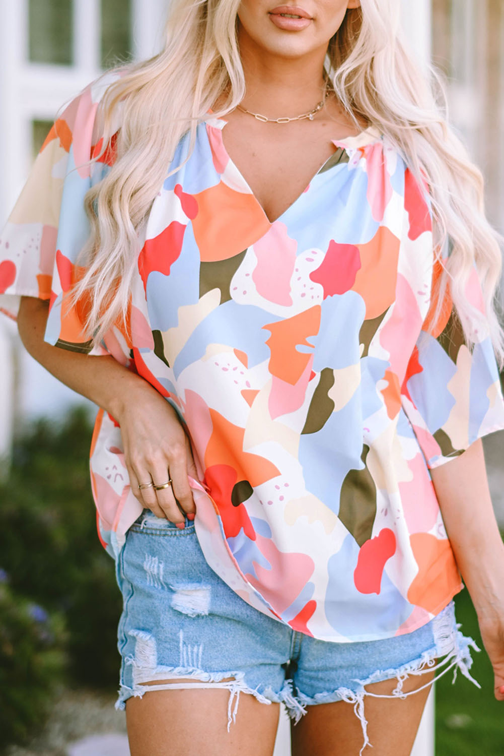 Women's Blouse Featuring V Neck Half Sleeve Floral-Print Print