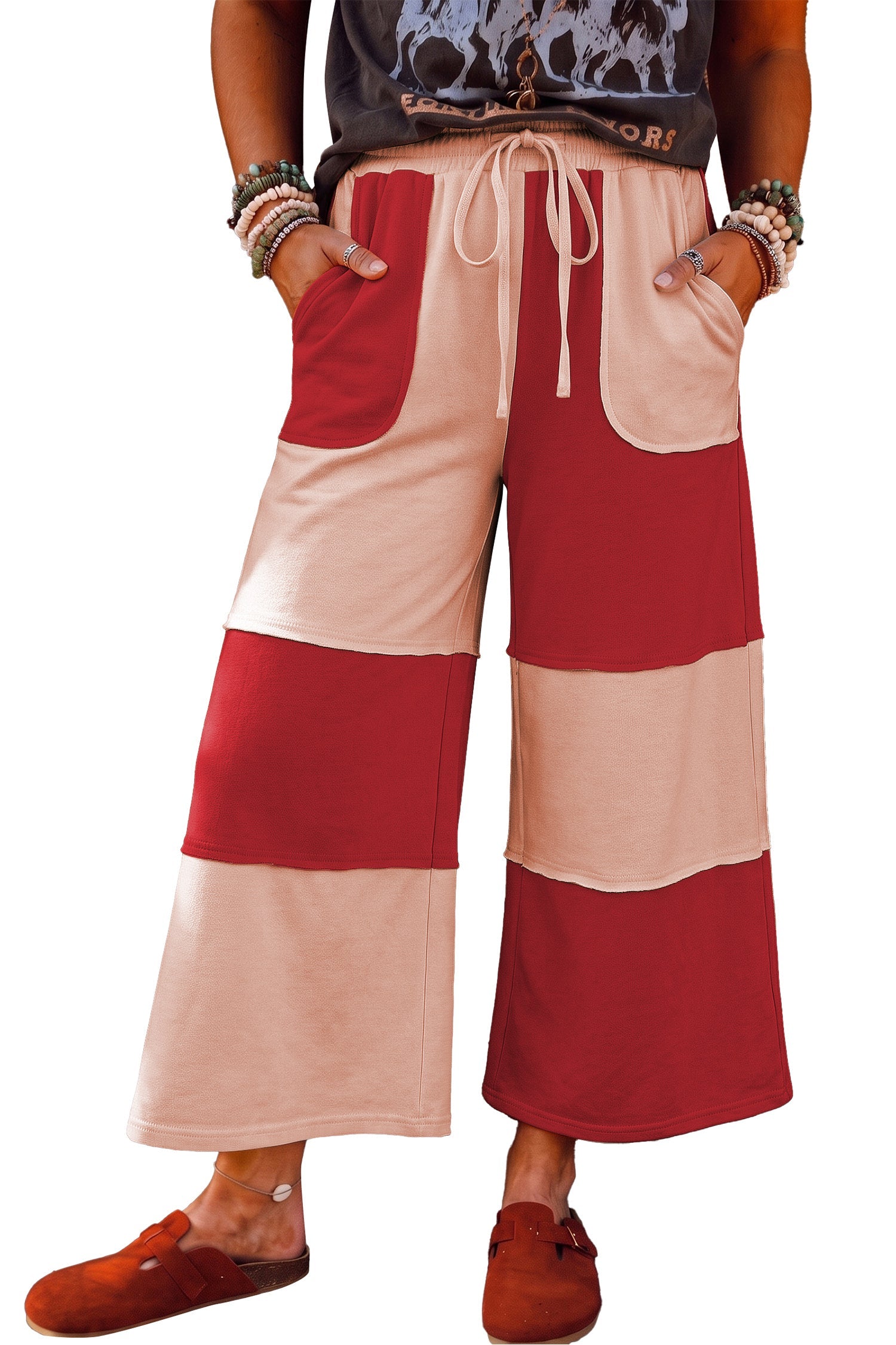 Raw Seam Colorblock Wide-Leg Ankle Length Everyday Pants in Fiery Red