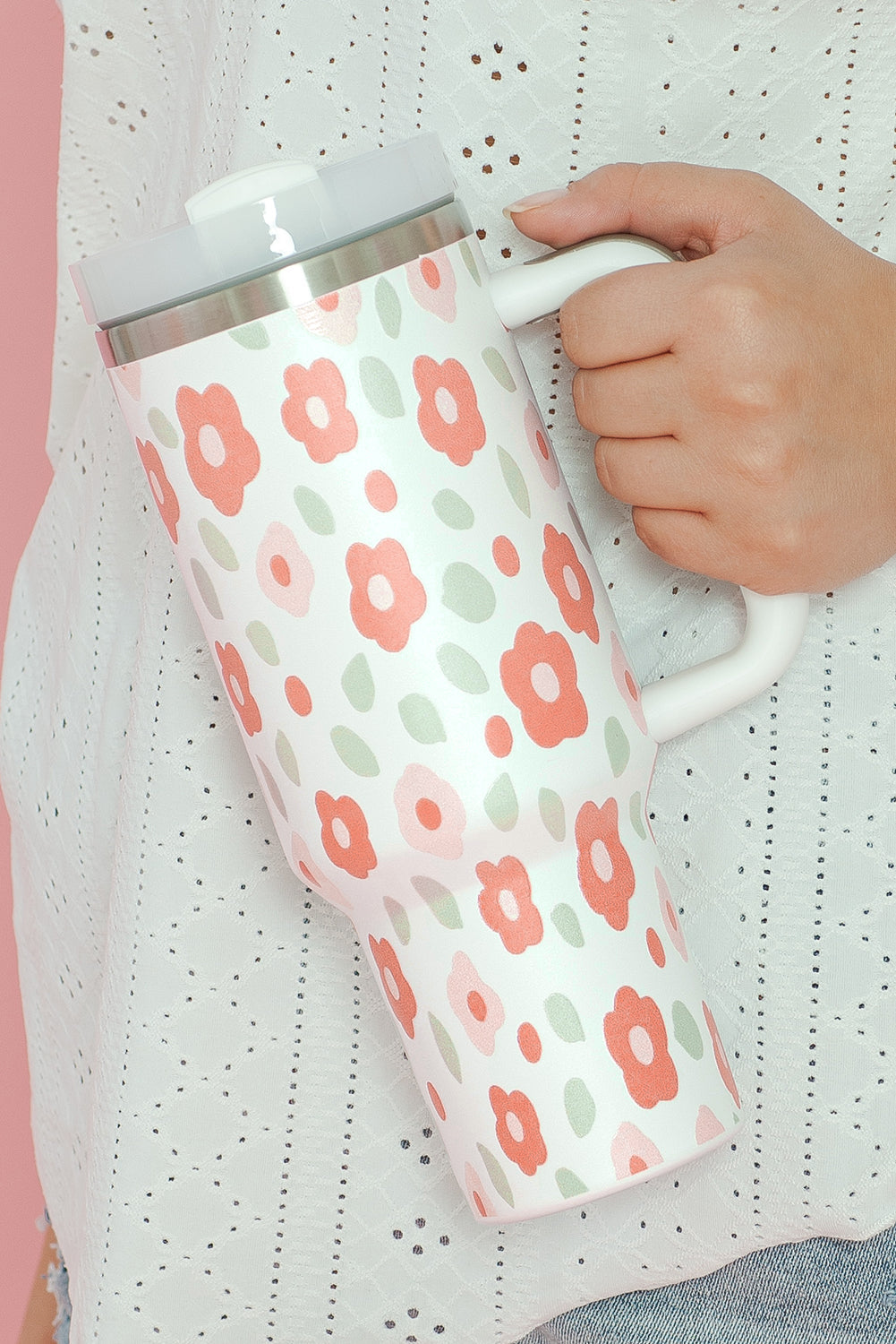 Floral Leaves Print Stainless Large Portable Cup 40oz