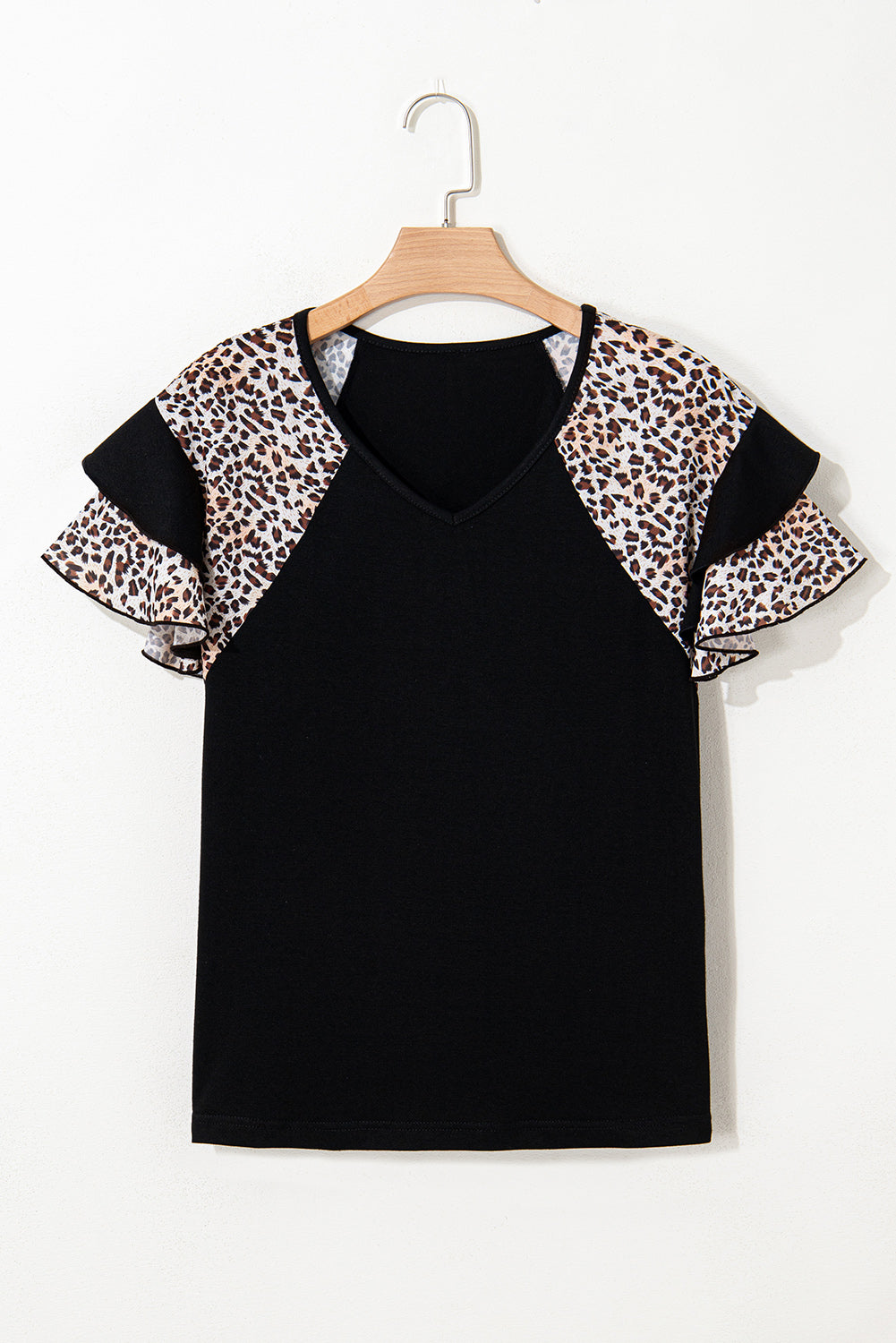 Leopard Print Patchwork Ruffled Sleeve V Neck T Shirt