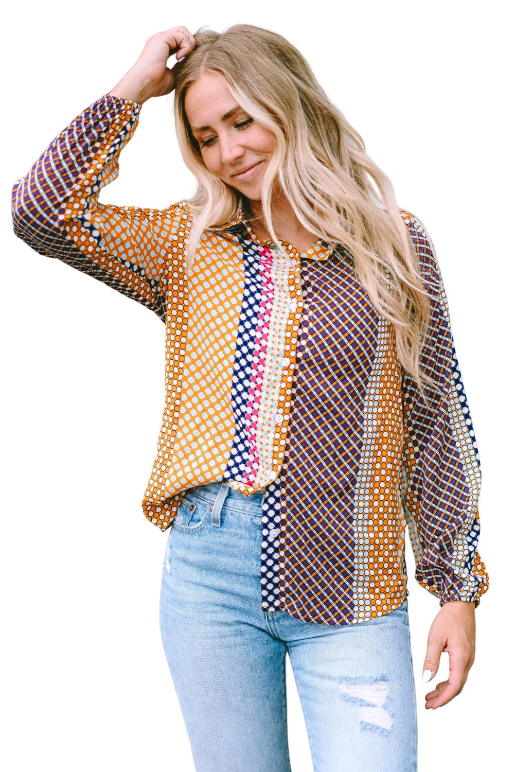 Women's Dot Print Button Down Shif T Shirt