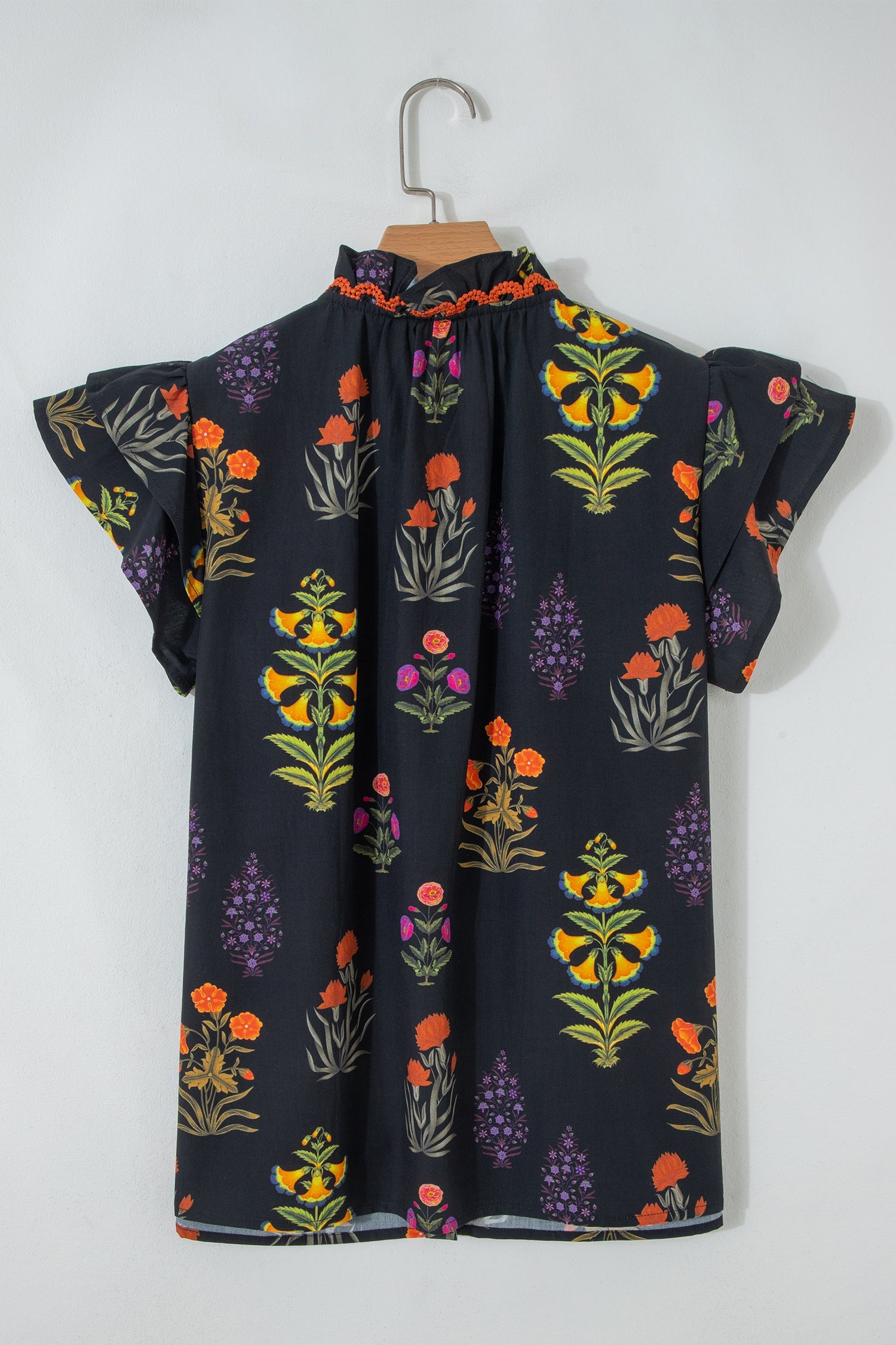 Lace Trim Floral-Print Trim Frilled Short-Sleeved Shirt