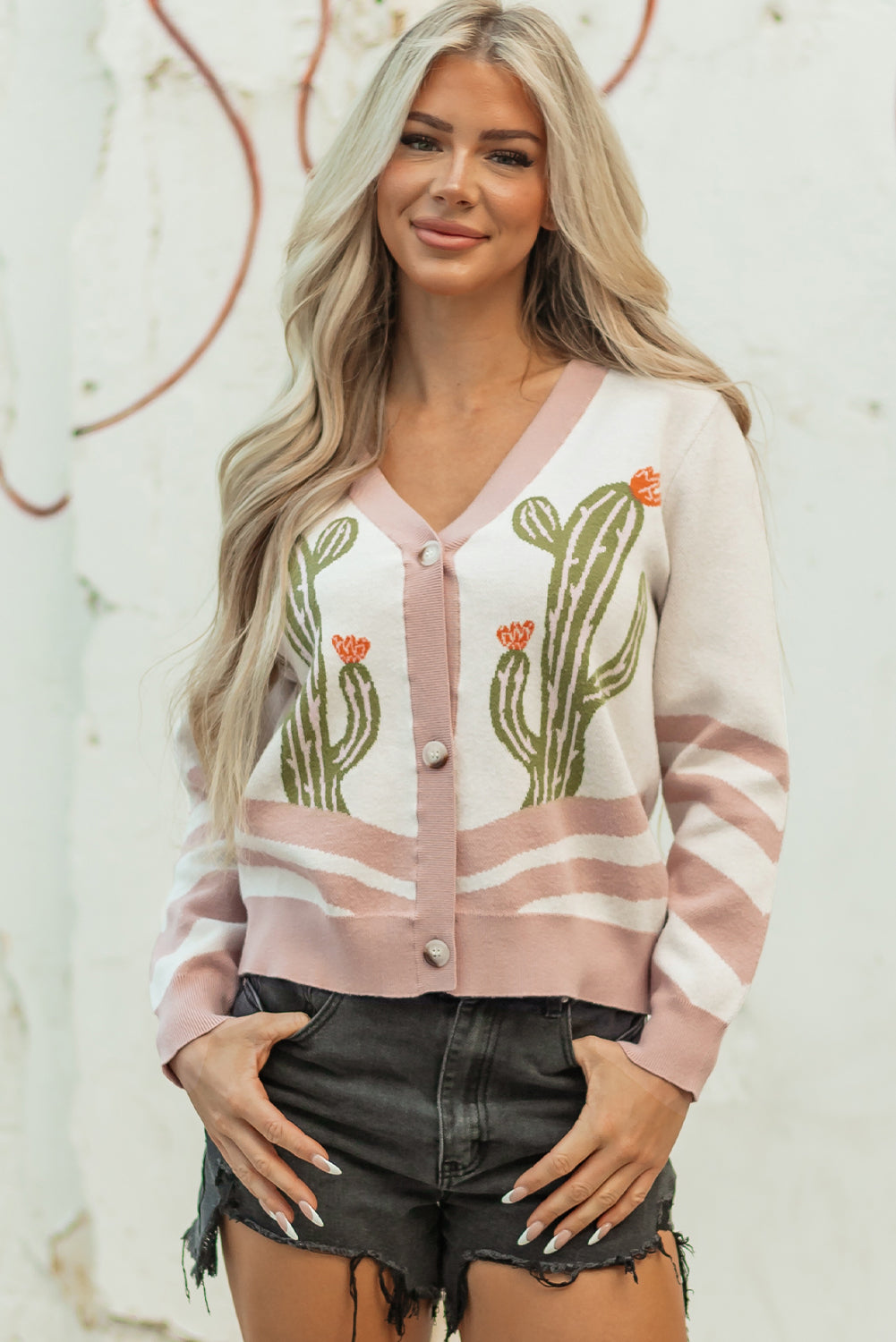 Button-Front Desert Cactus Cardigan Knit Top