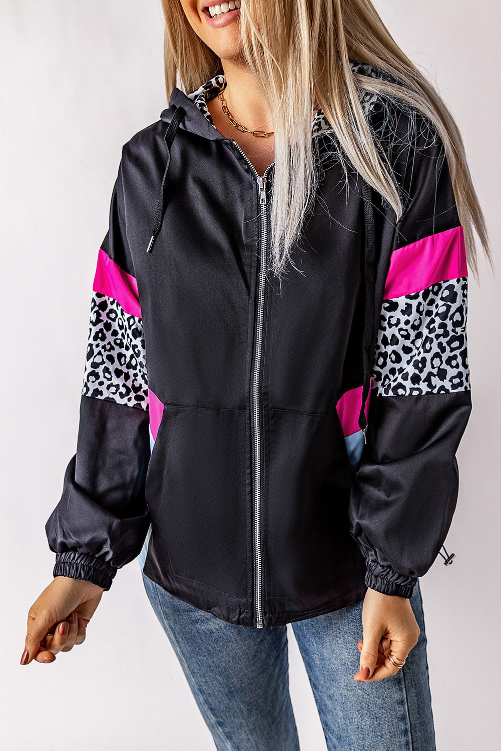 Women's Jacket with Color-Block Pockets Black Zip-Front Hooded Leopard-Print