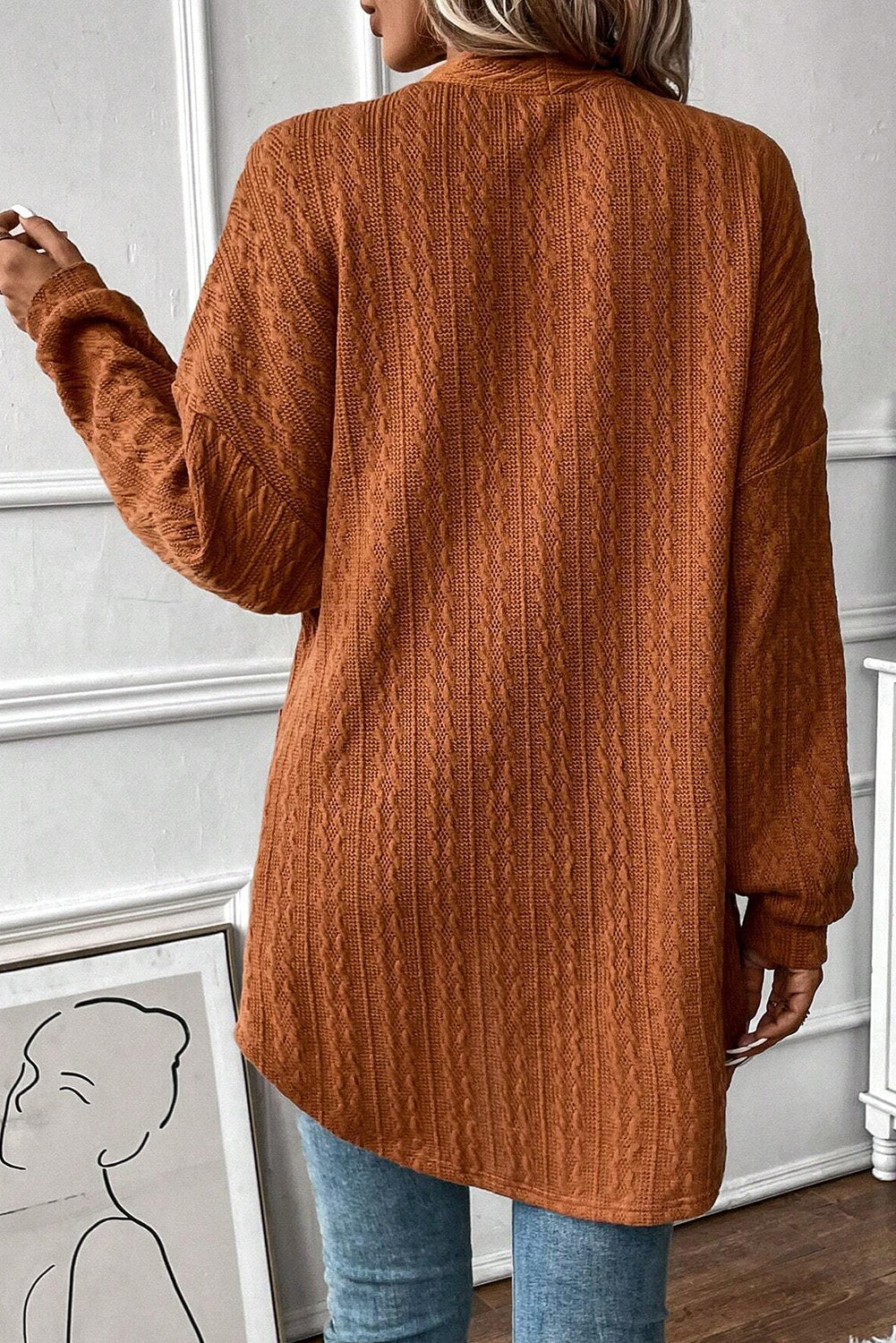 Knit Side Textured Side Pockets Open-Front Cardigan in Chestnut