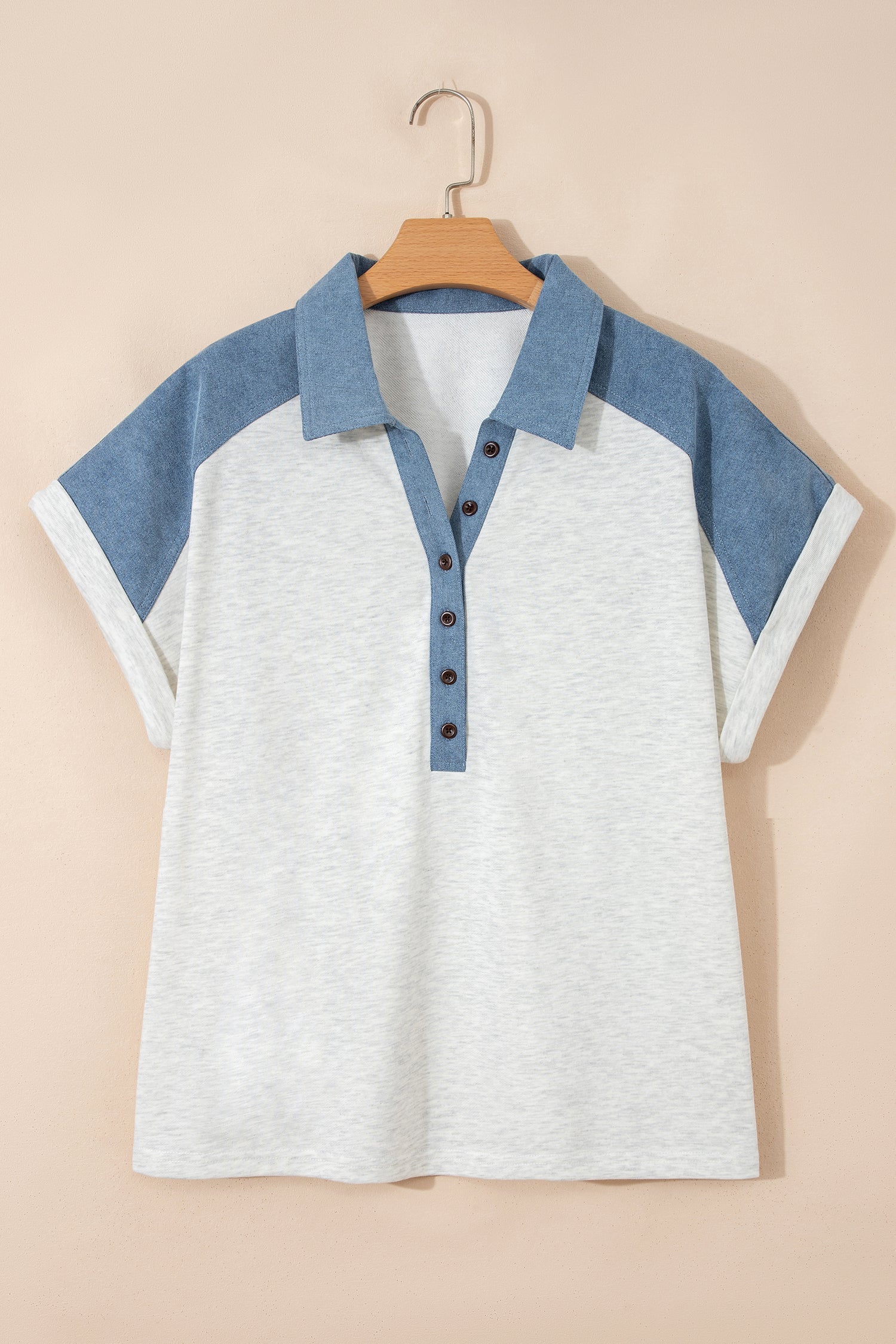 Plus Denim Size Contrast Patchwork Cuffed Sleeve Polo Tee in Beige