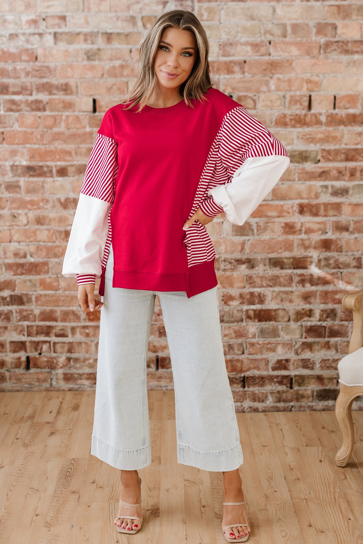Striped Patchwork Sleeve Colorblock Sweatshirt