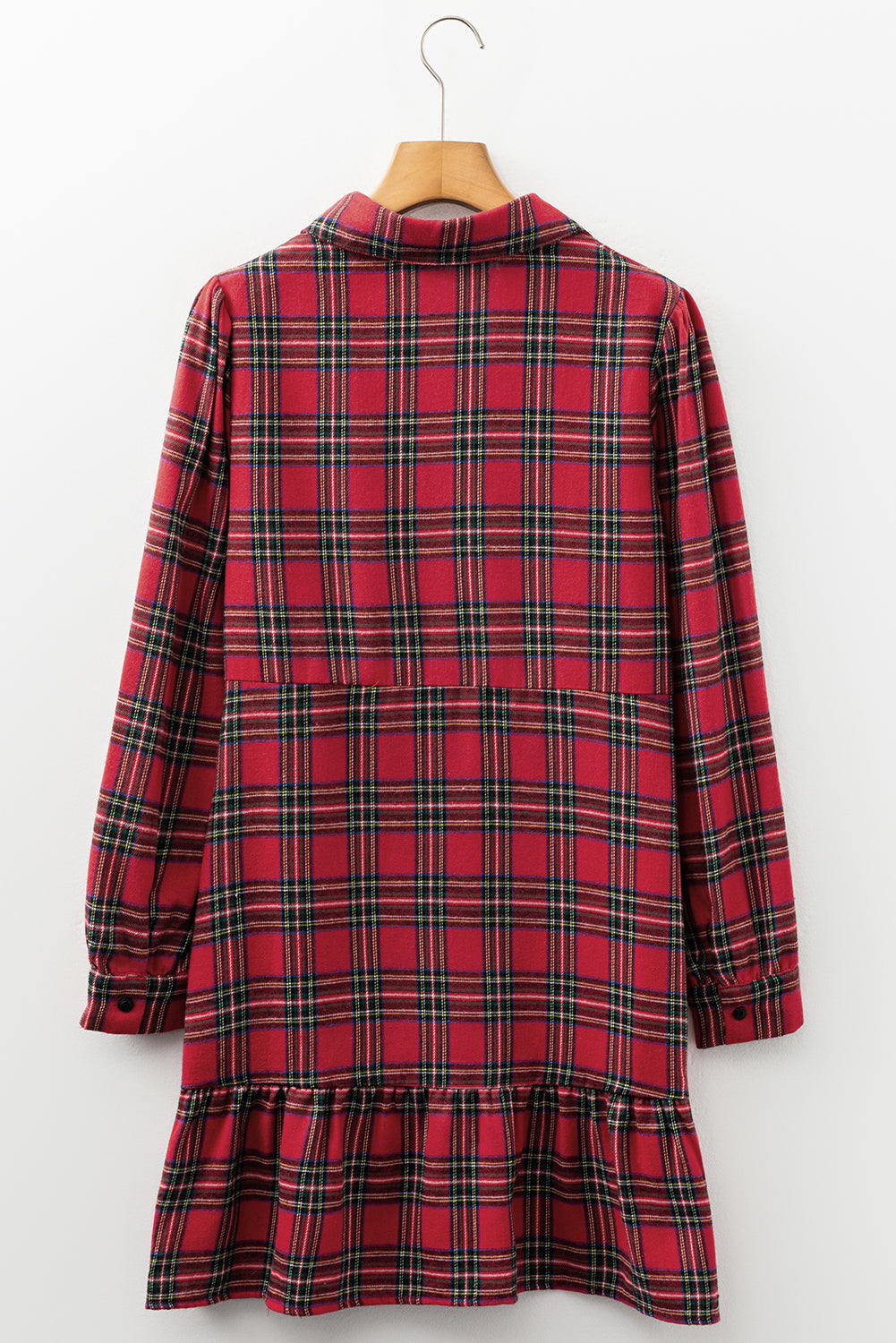 Plaid Half Shirt Collar Button Ruffle Hem Long-Sleeved Mini Dress
