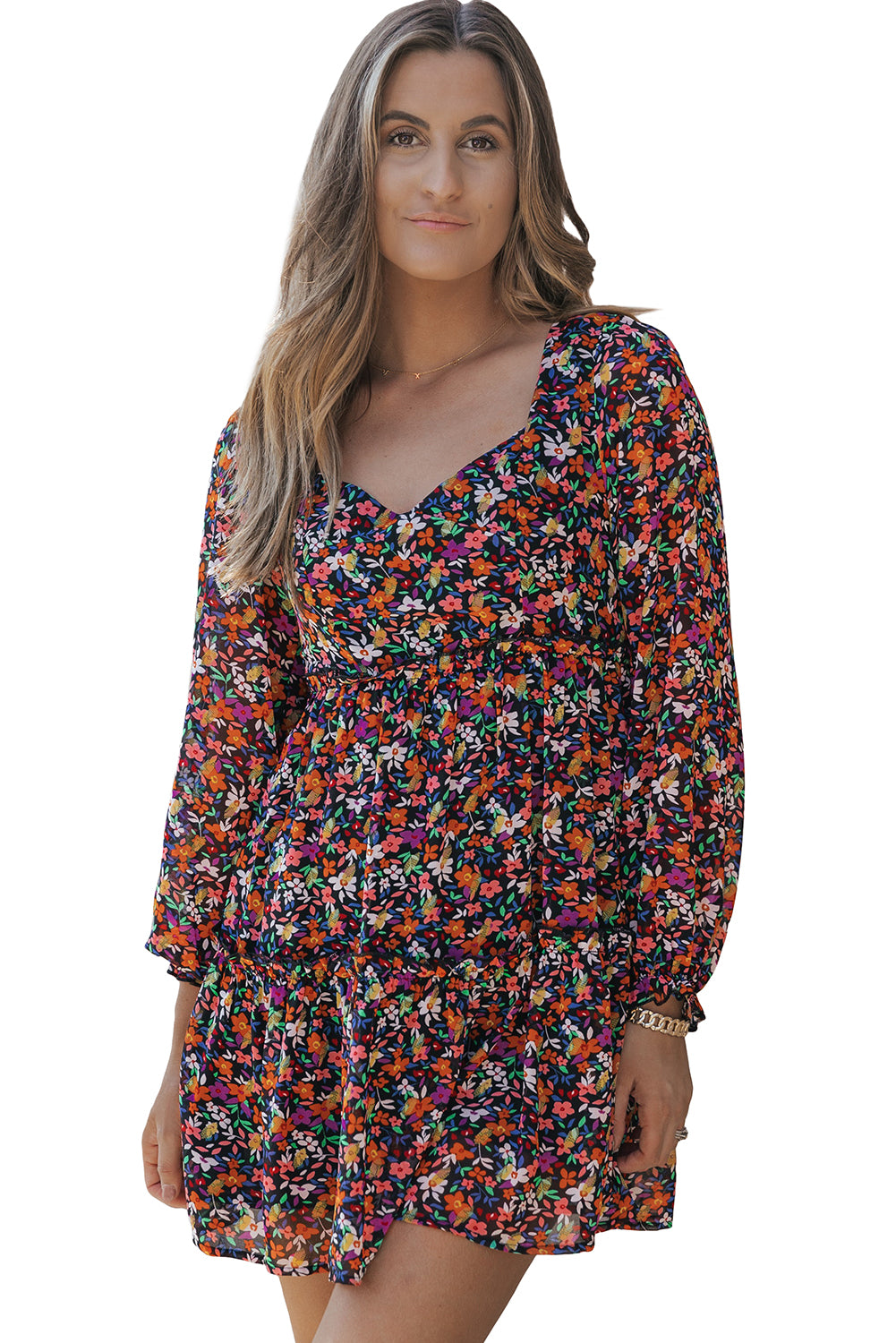 Robe florale enveloppée à encolure en V et à manches longues