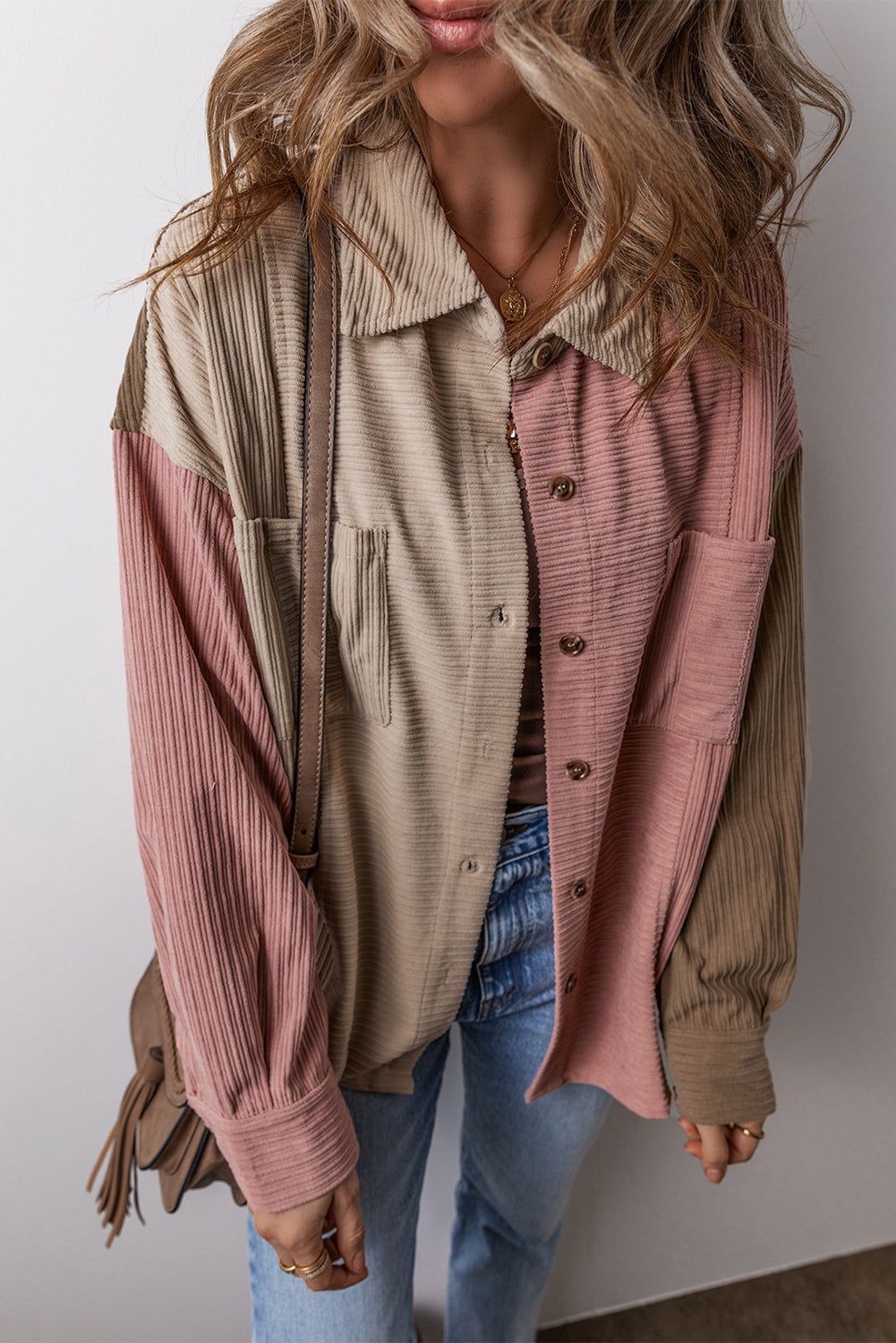 Color Block Chest Pockets Corduroy Shacket