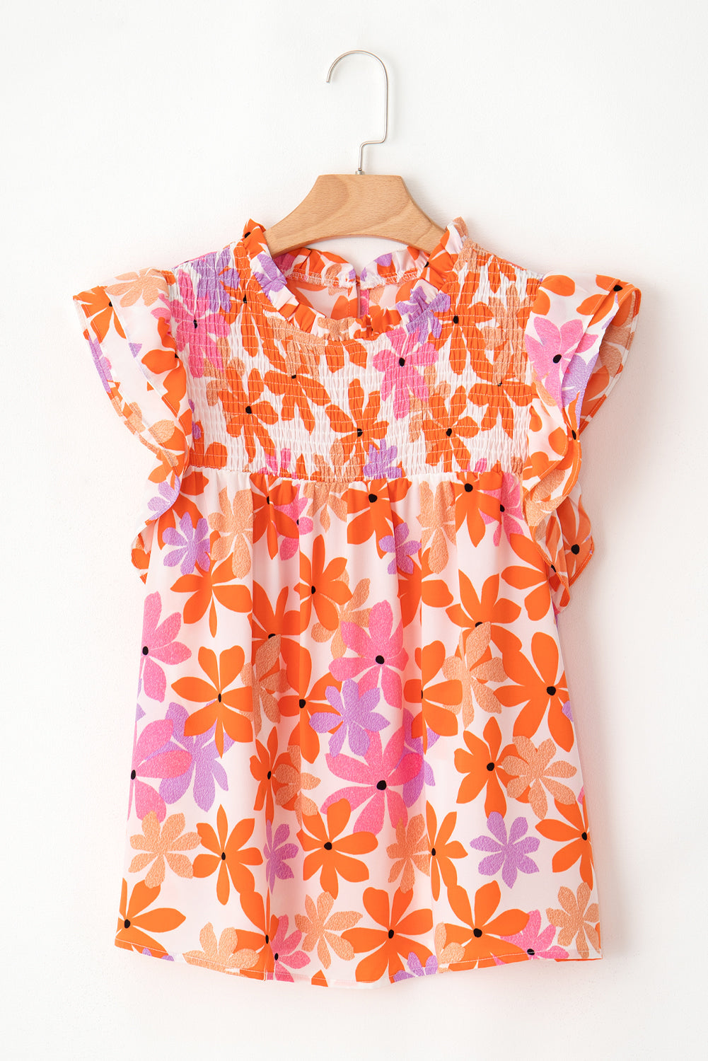 Women's Ruffle-Trimmed Sleeve Shirred Floral-Print Top