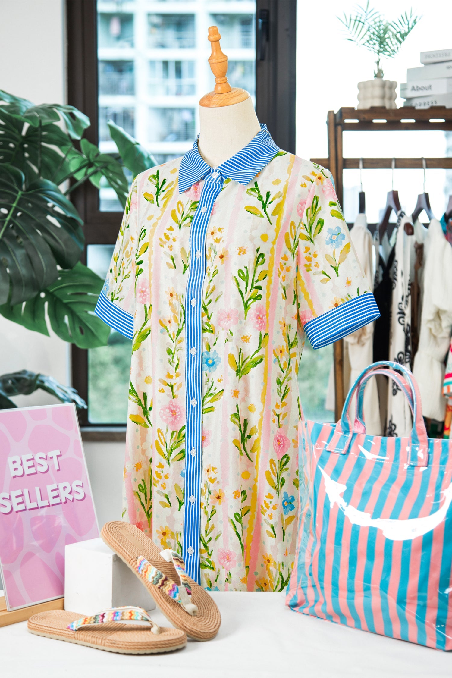 Polished Striped Multicolour Floral-Print Trim Button Down Shift Dress