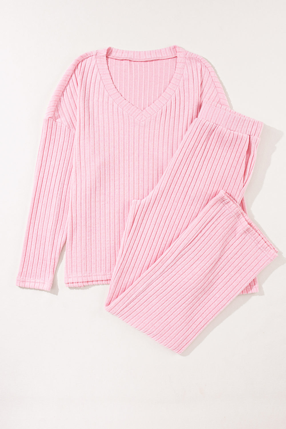 Rib-Knit Knit V-Neck Slouchy Two-piece Outfit