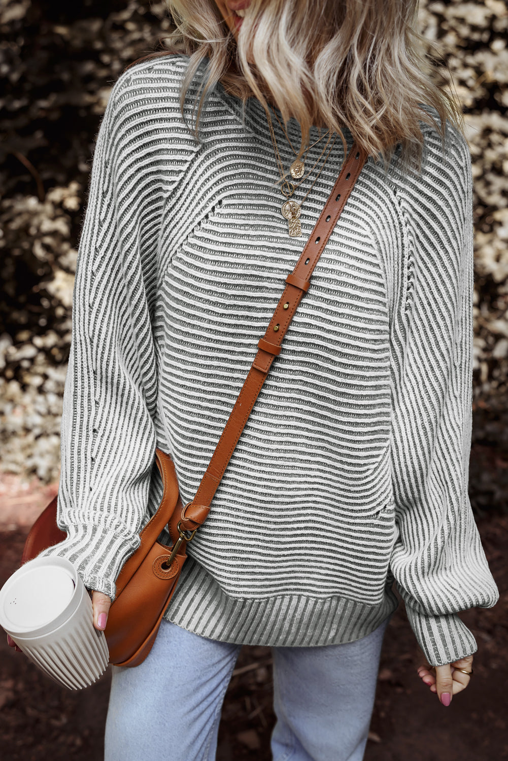 Striped Print Rib-Knit Knit Boat Neck Baggy Knit Top