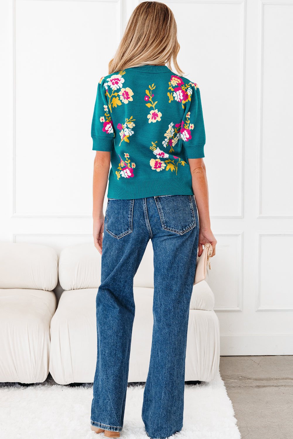 Pattern Mock-Neck Flower Mock-Neck Short-Sleeved Knit T Shirt