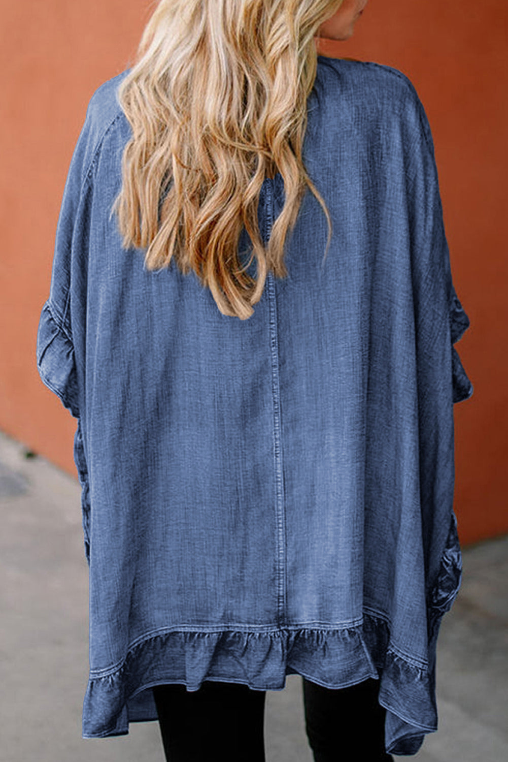 Blue Chambray Dusk Chambray Ruffle Hem Half Sleeve Open Loose Kimono