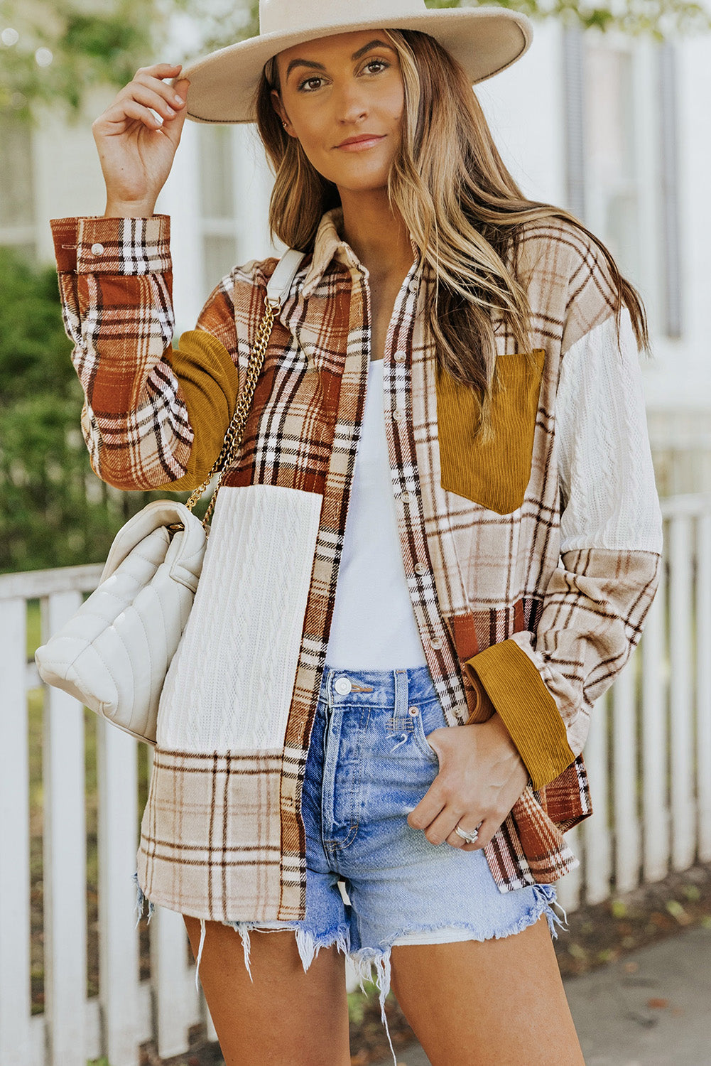 Veste chemise patchwork orange à carreaux color block avec poche