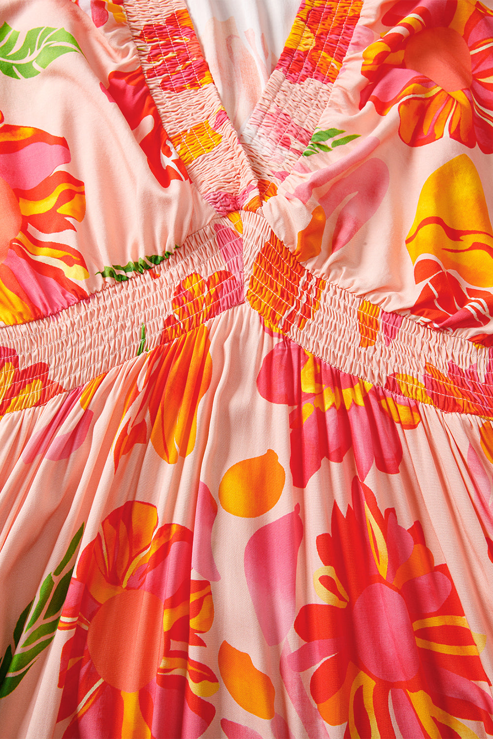 Floral-Print Smocked Detail V-Neck Puff Sleeve Flowy Maxi Dress