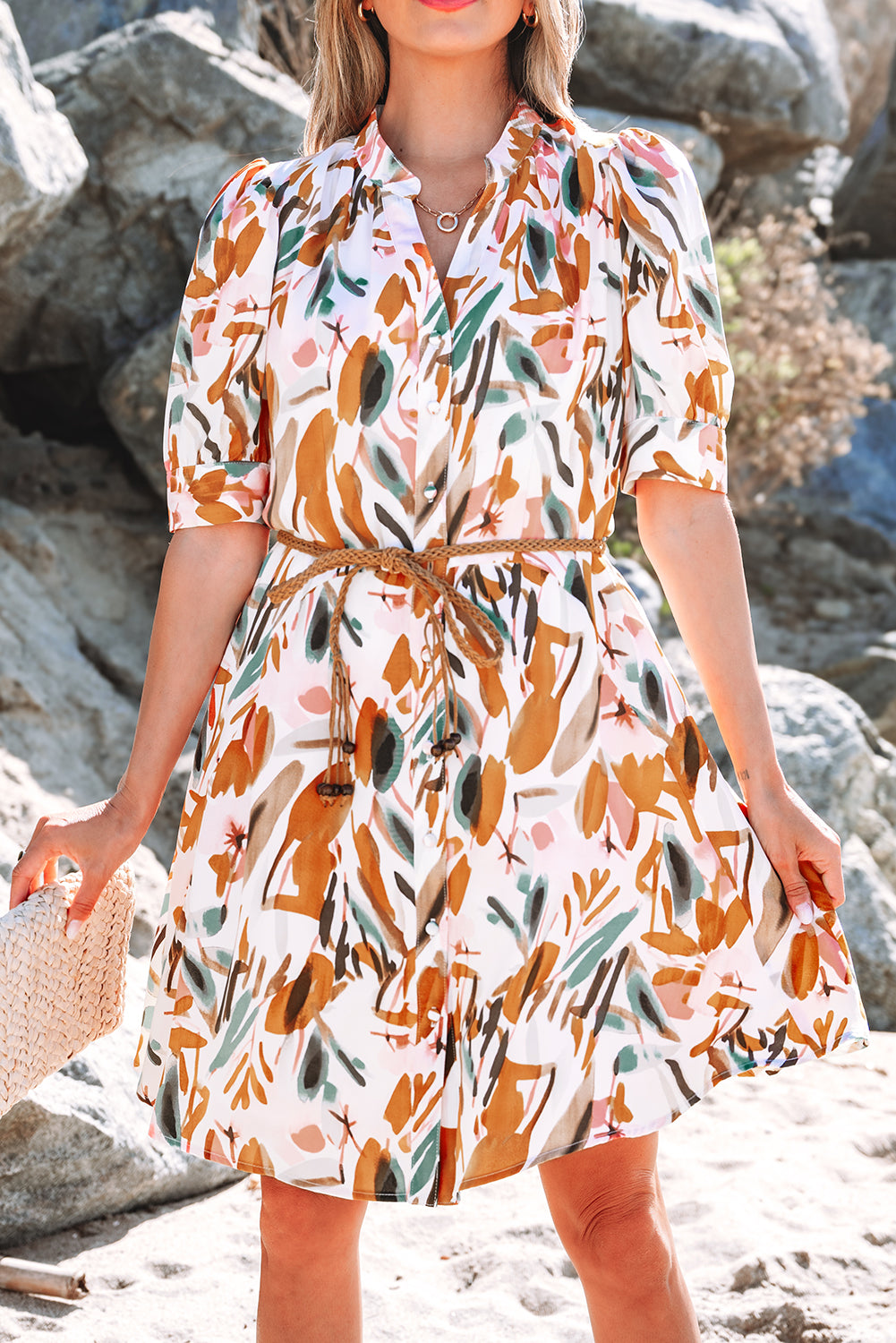 Abstract Printed Button Up Braided Belt Mini Dress