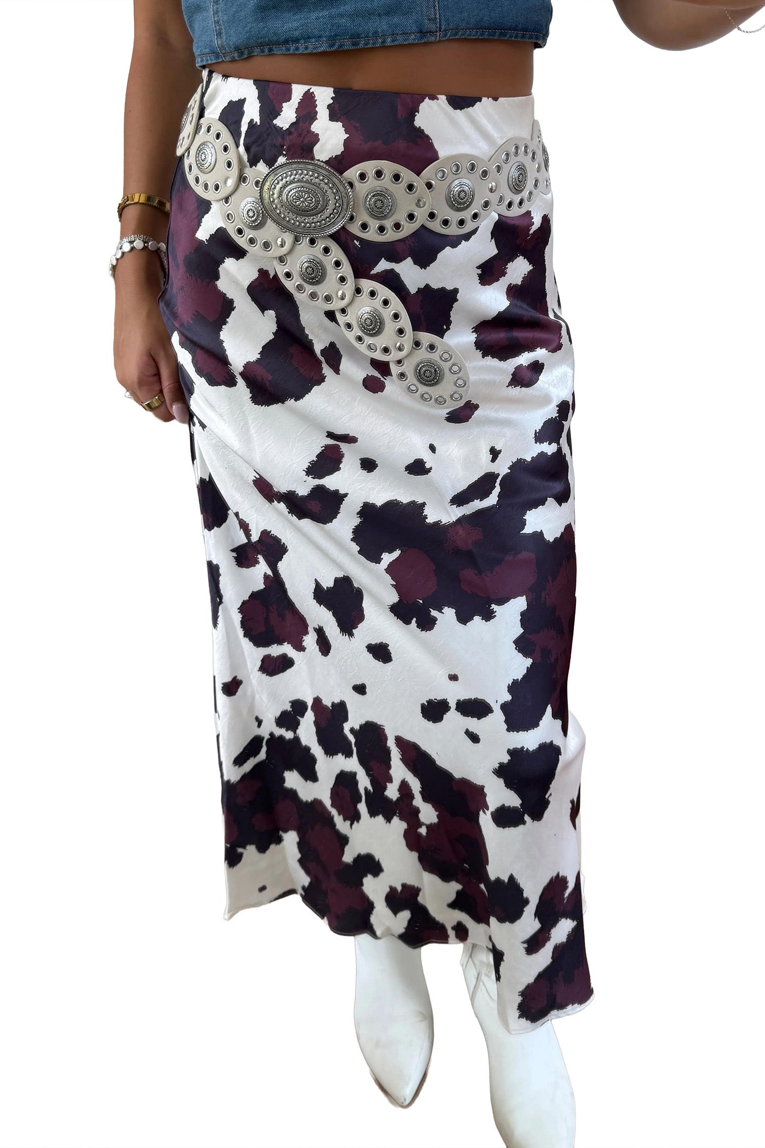 Abstract Long Print Western Metal Zip-Front Waist Daily Wear Skirt in Brown