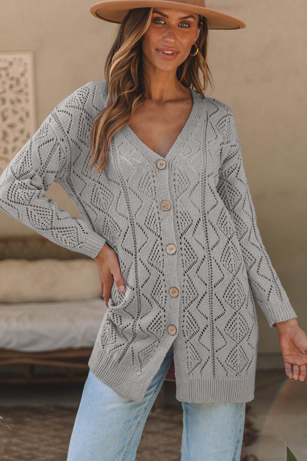 Hollow-out Knit Openwork Cotton Cardigan in Gray