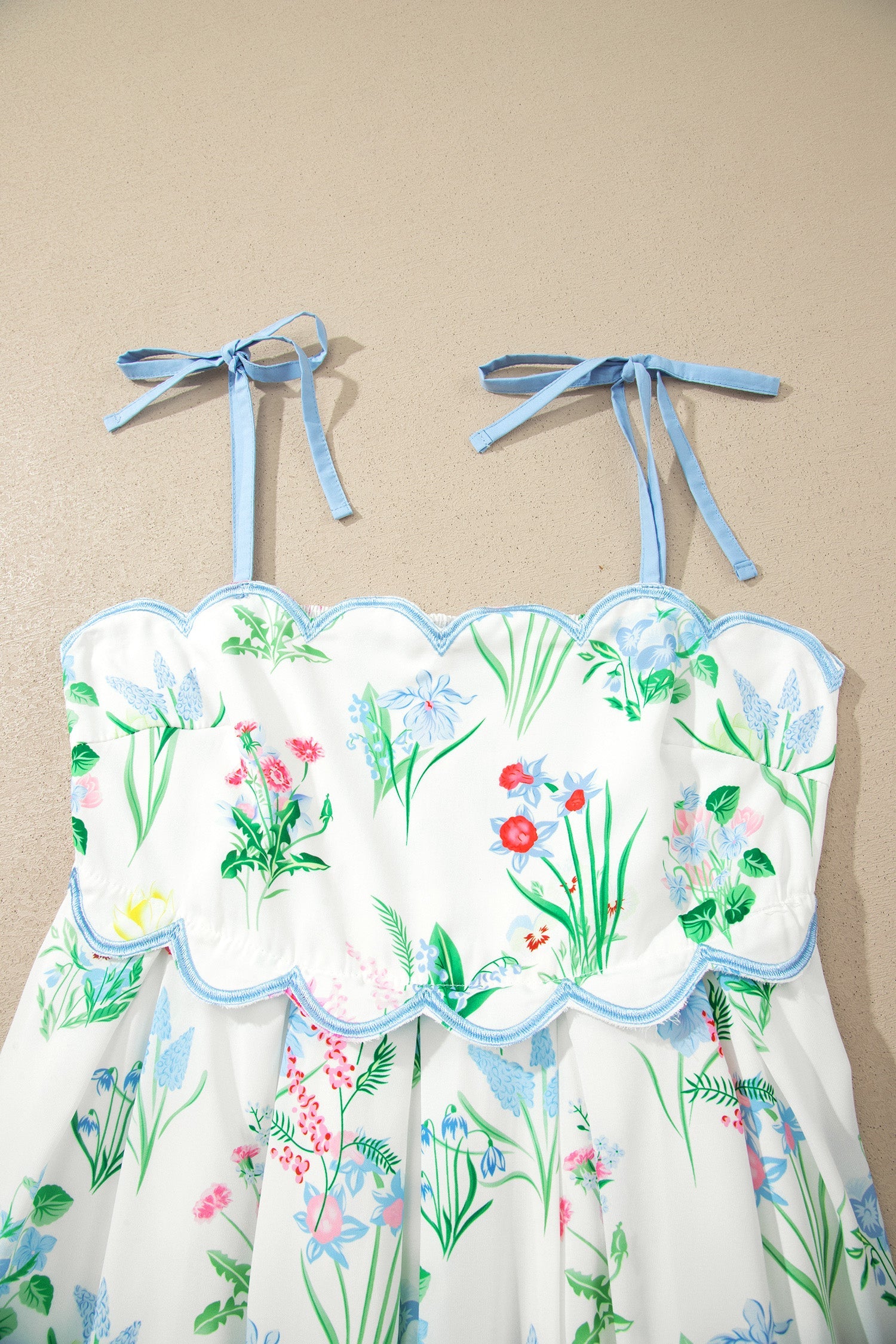 Floral-Print Straps High-Waisted Midi Dress in Beige