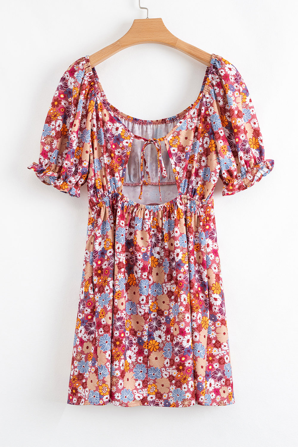 Floral Puff Sleeve Square Neck Knot Open Back Mini Dress