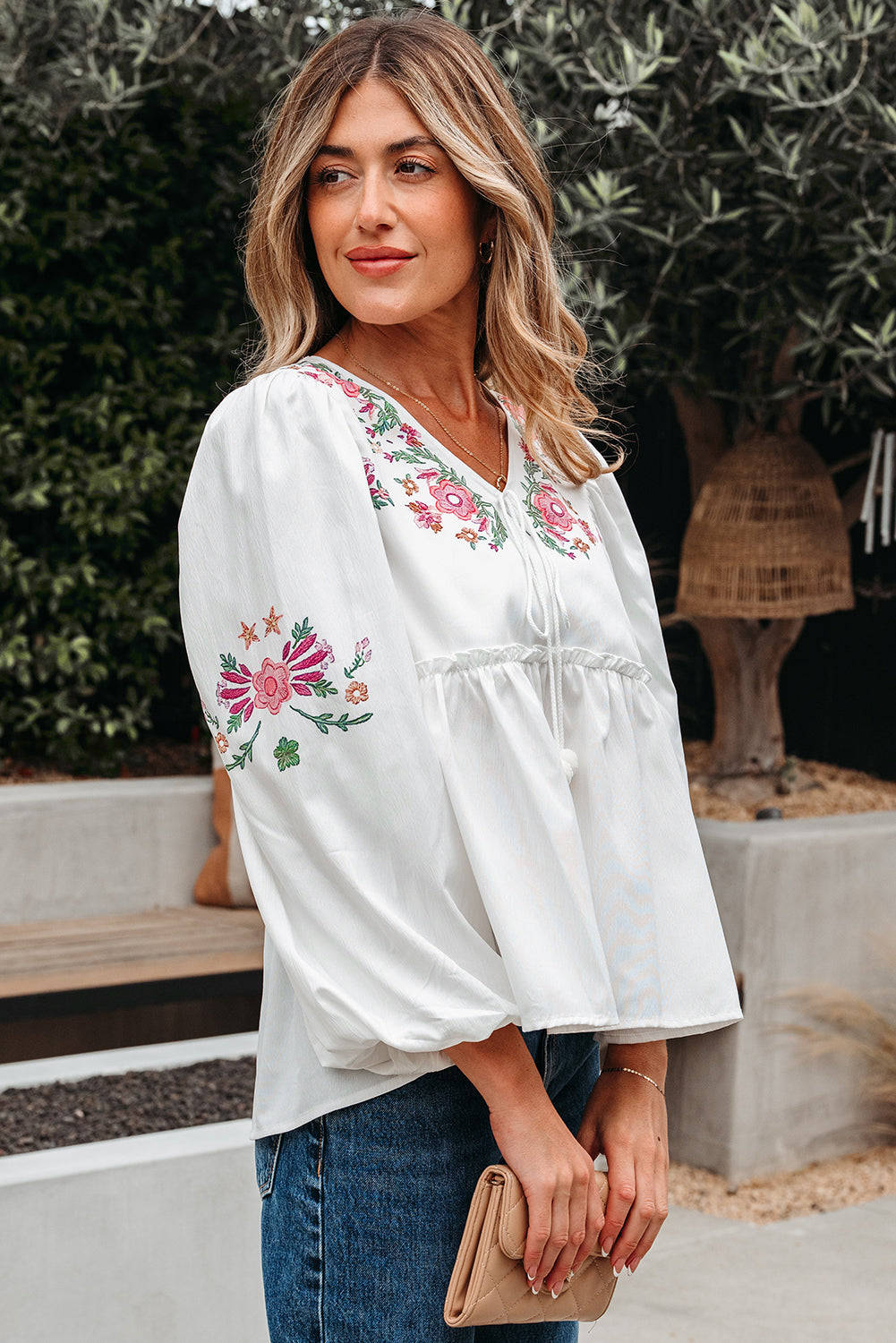 Lace-up Flower Print V-Neck Babydoll Blouse