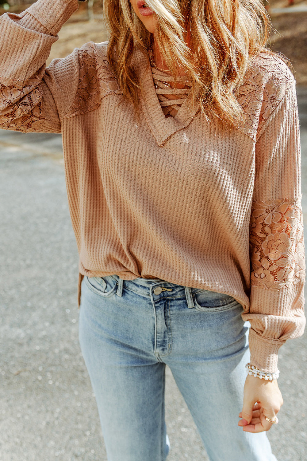 Women's Top Featuring Long-Sleeve Strappy V Neck