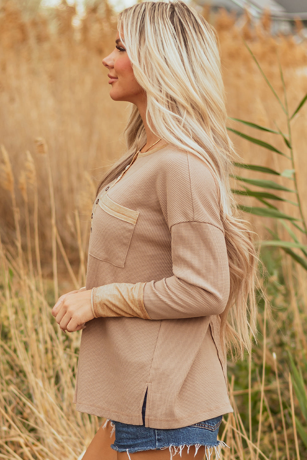 Waffle Textured Colorblock Textured Tunic Henley Cotton Top in Khaki