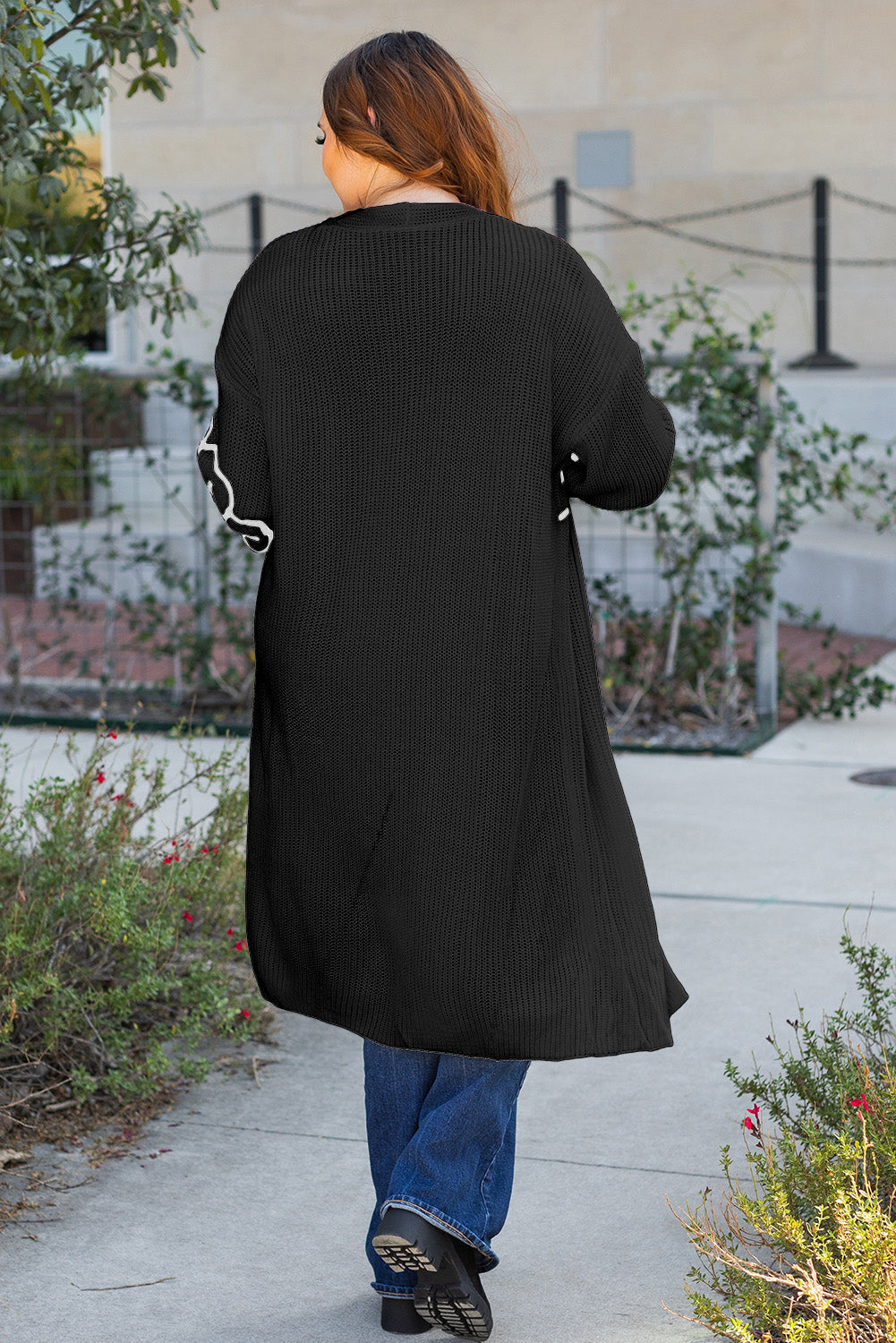 Open-Front Flower Embroidered Duster Cardigan in Black