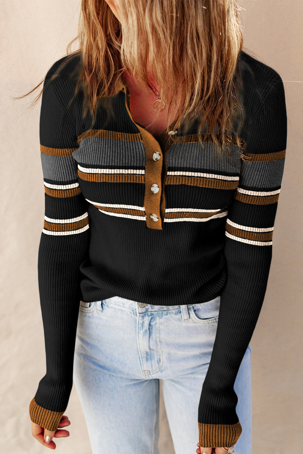 Women's Sweater with Stripe Henley Rib Knitted