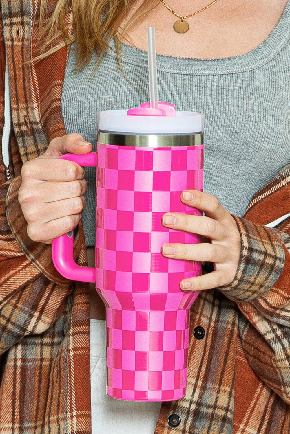 Handled Checkered Print Stainless Steel Tumbler Cup 40oz