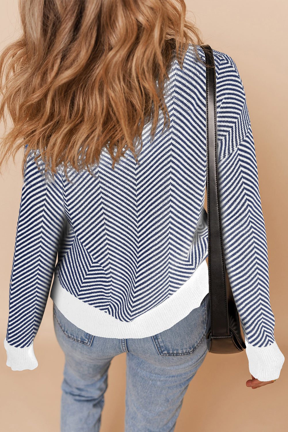 Button-Front Herringbone Stripe Herringbone Cardigan in Blue