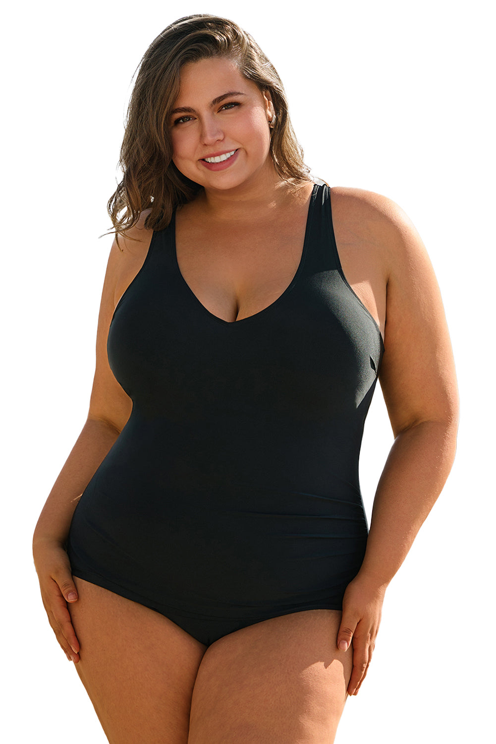 Black U Neck Padded Plus Size One Piece Swimsuit