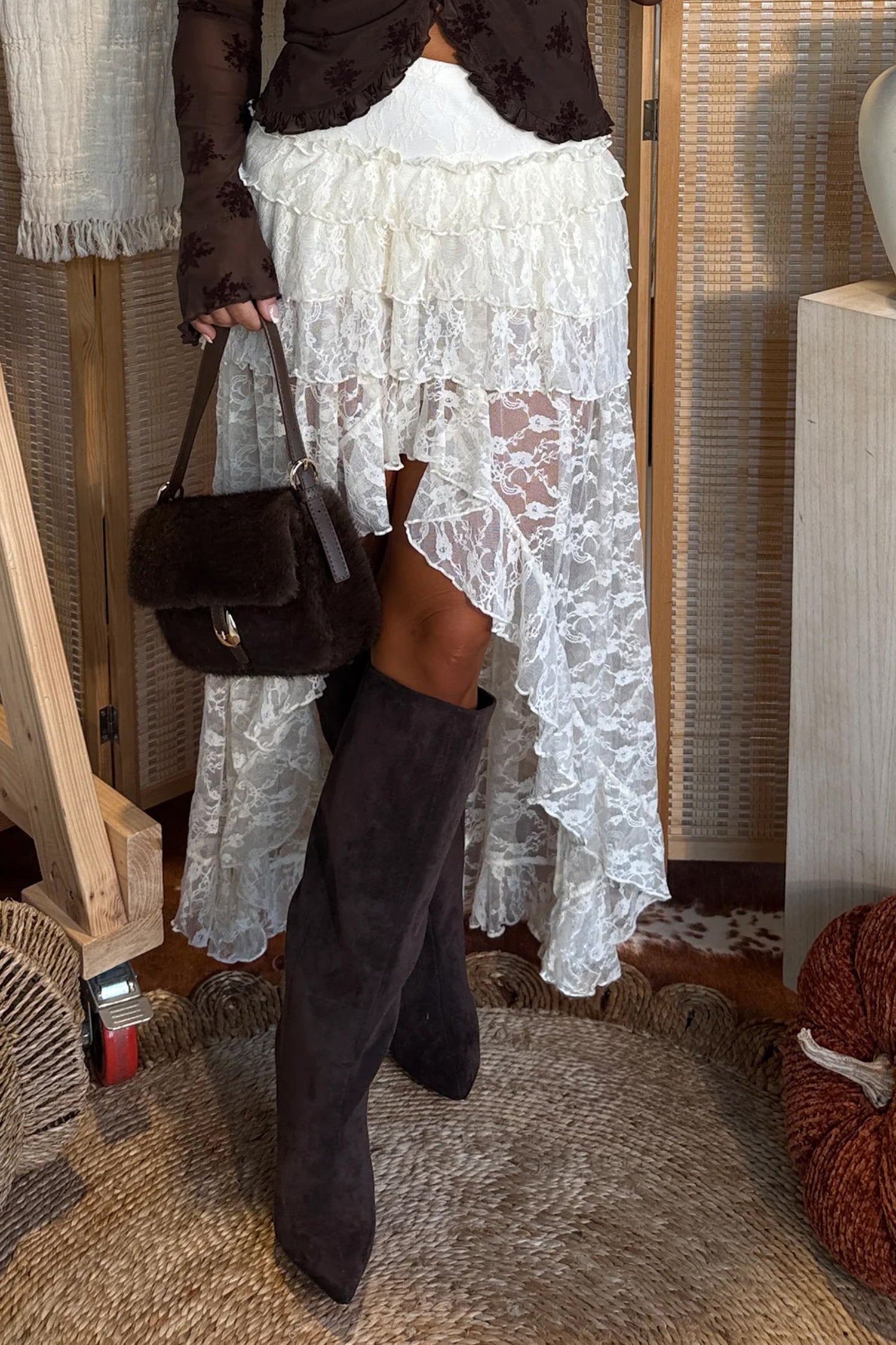 Polished Lace White Sheer Frilly Ruffles High Low Long Skirt