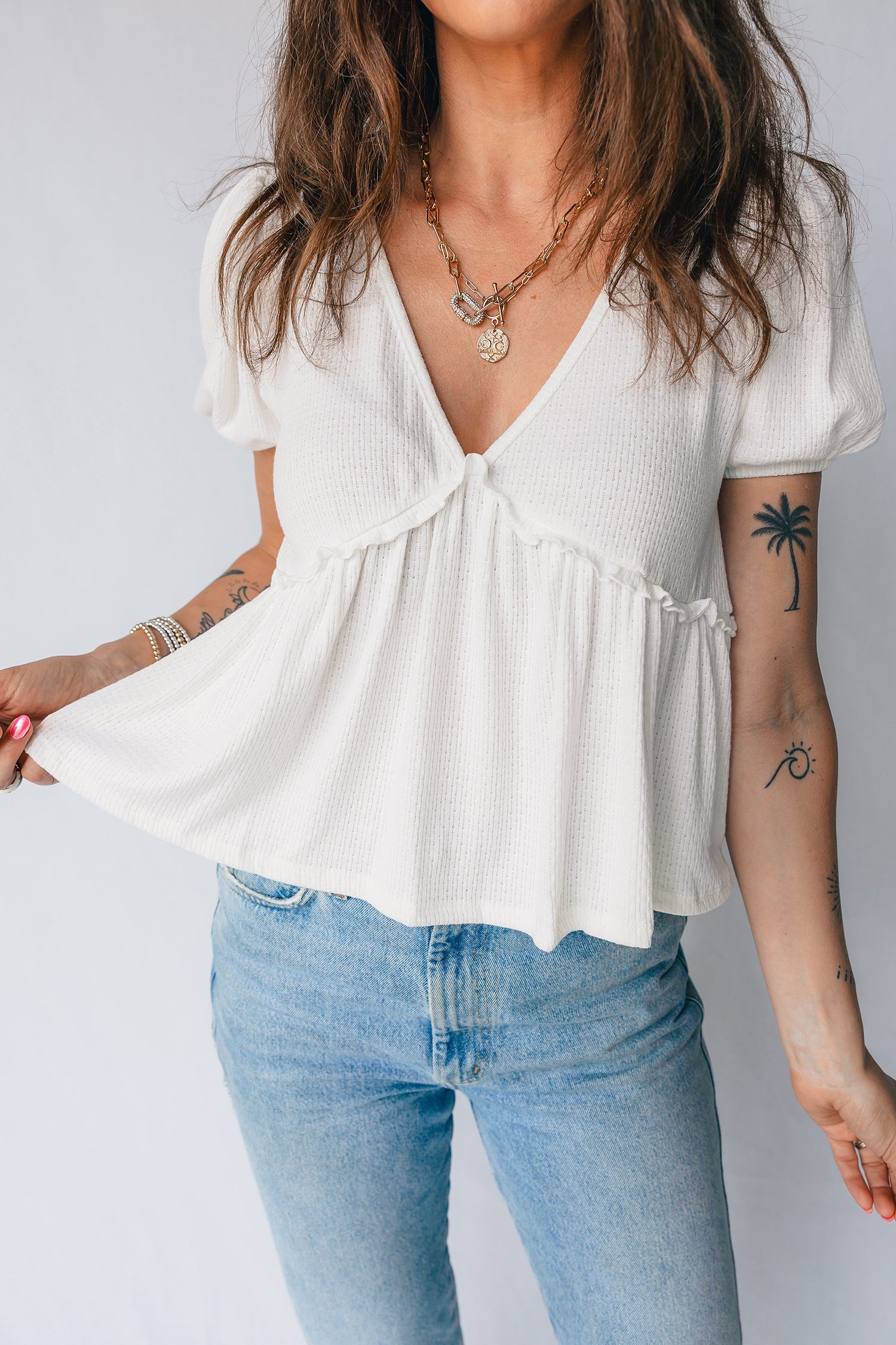 Knit V-Neck Textured V-Neck Short Bubble Sleeve Peplum Top