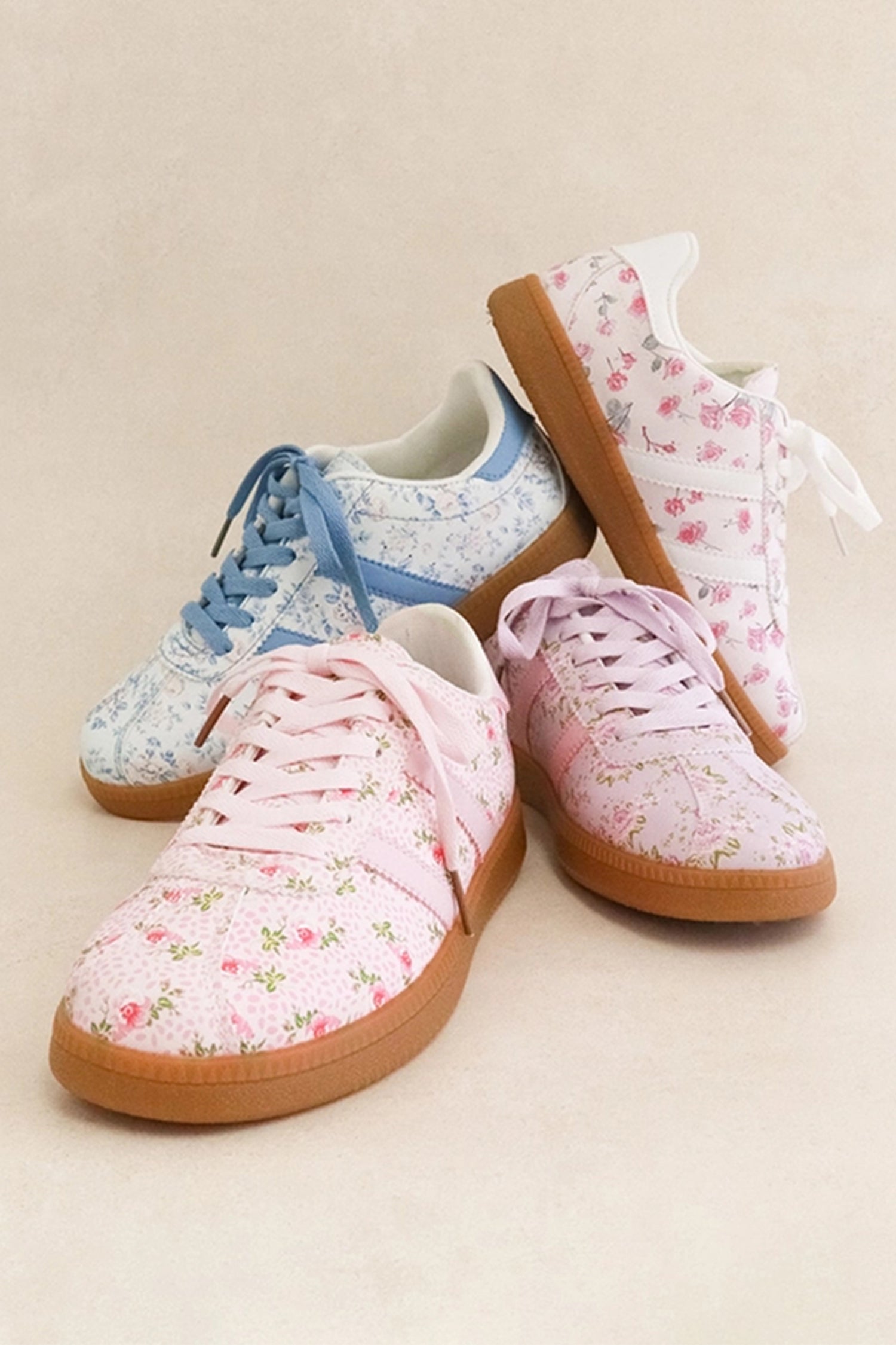 PU Floral-Print Lace-up Leather Flat Shoes in Light Pink