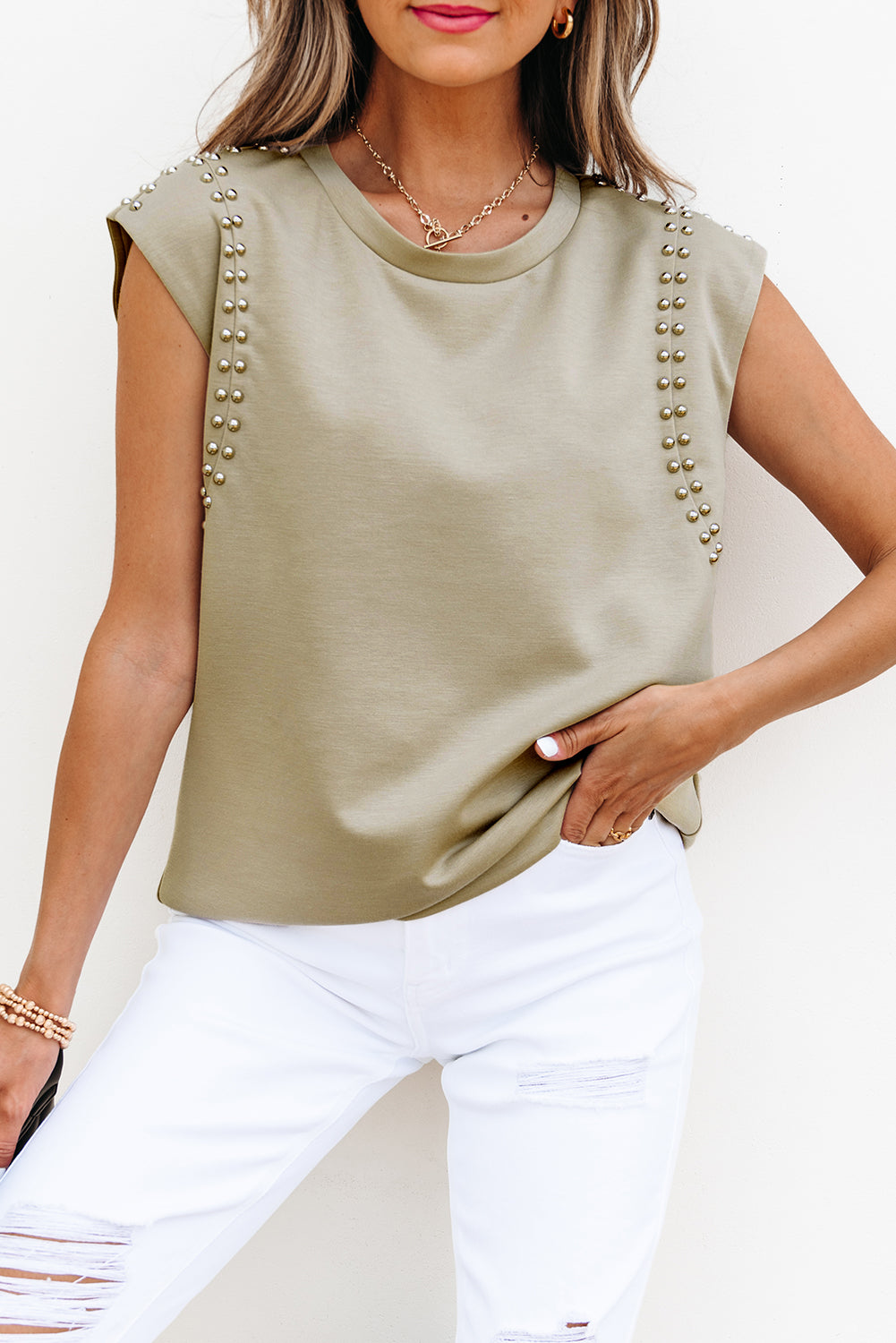 Studded Cap Sleeve Round Neck T Shirt