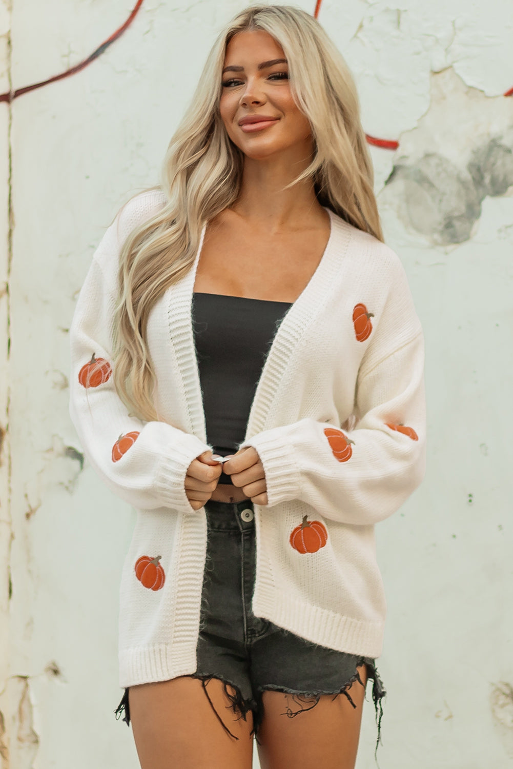 Pumpkin Print Open-Front Drop-Shoulder Midi Cardigan in White