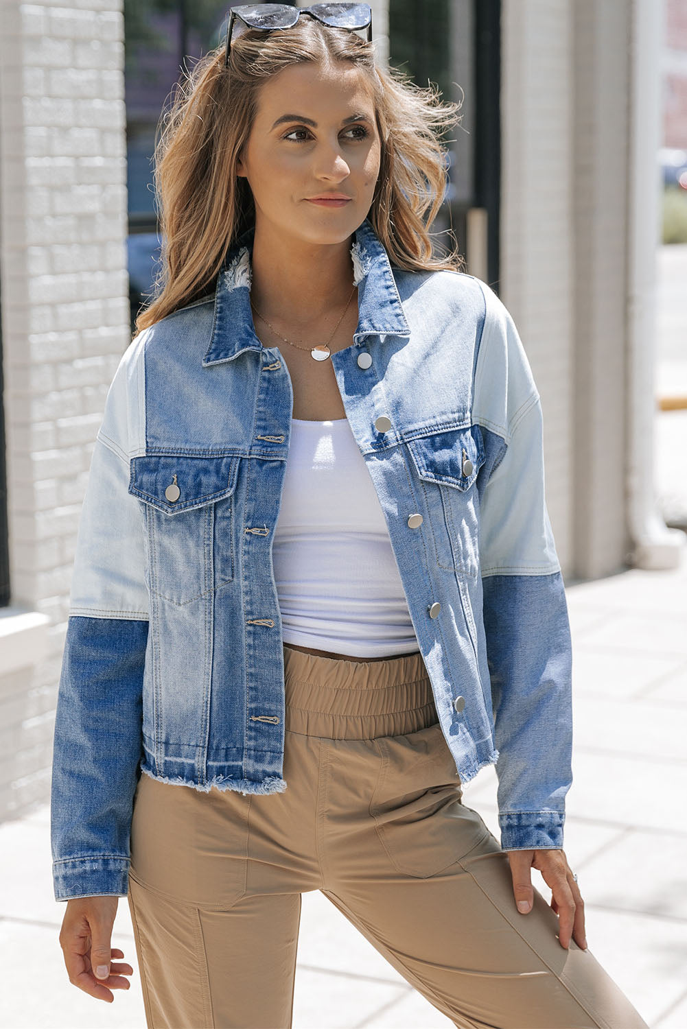 Women's Jacket Featuring Color-Block Denim Patchwork Frayed Hem