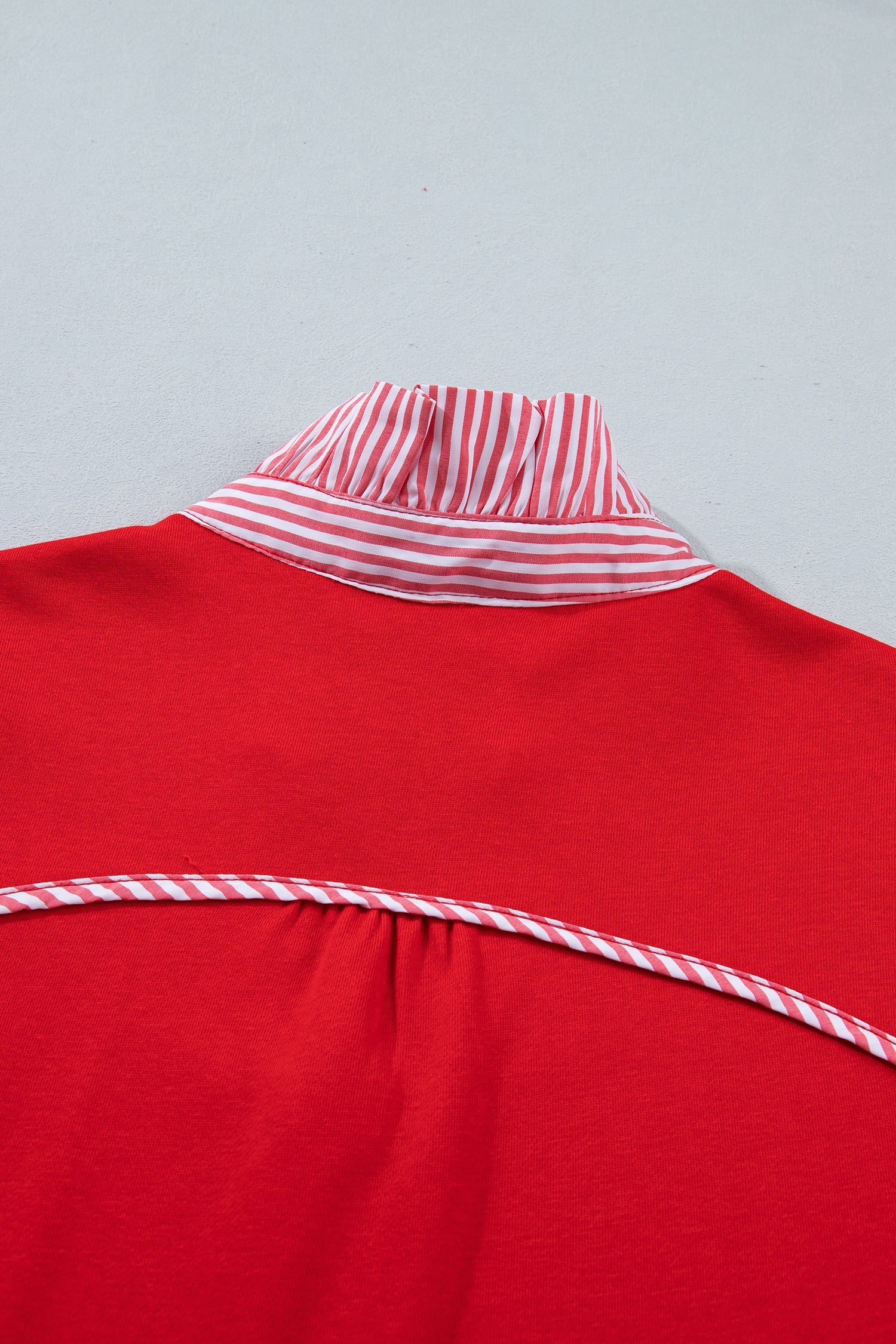 Striped Short-Sleeved Frilled Collar Blouse in Fiery Red