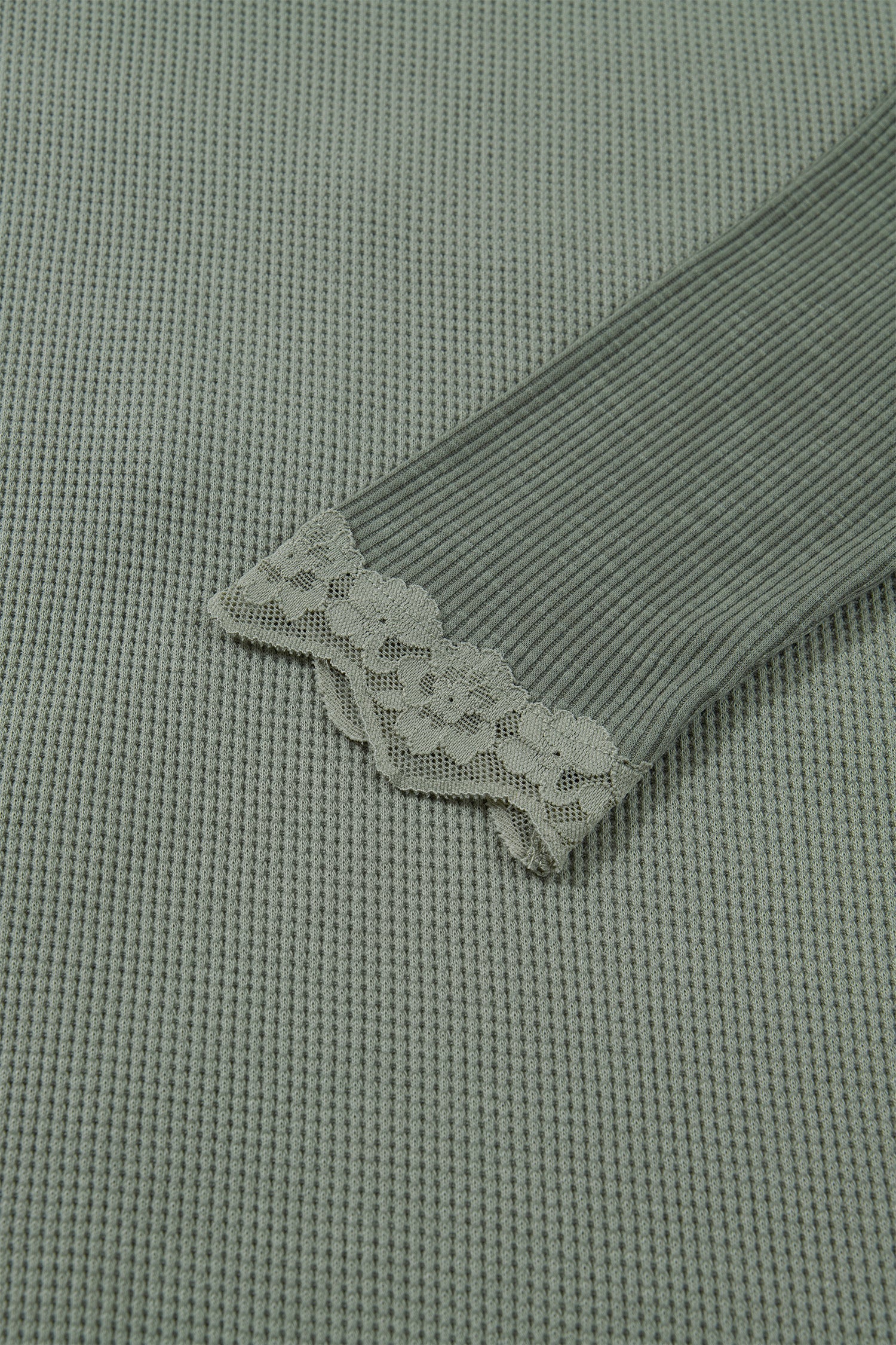 Green Waffle Sage Waffle Rib-Knit Lace Patchwork Long-Sleeved Top