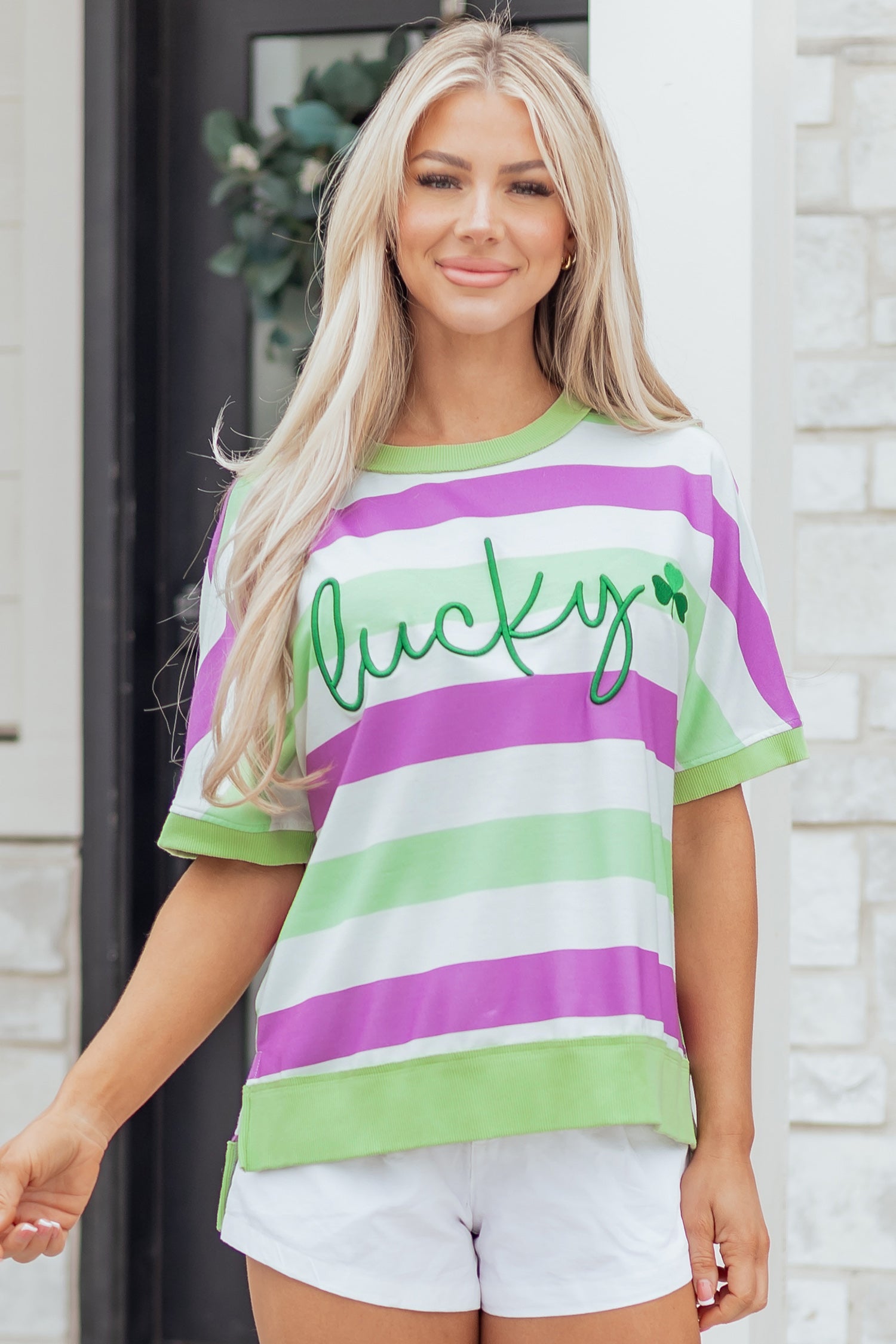 Embroidered Lucky Clover Graphic Dolman Loose Tee