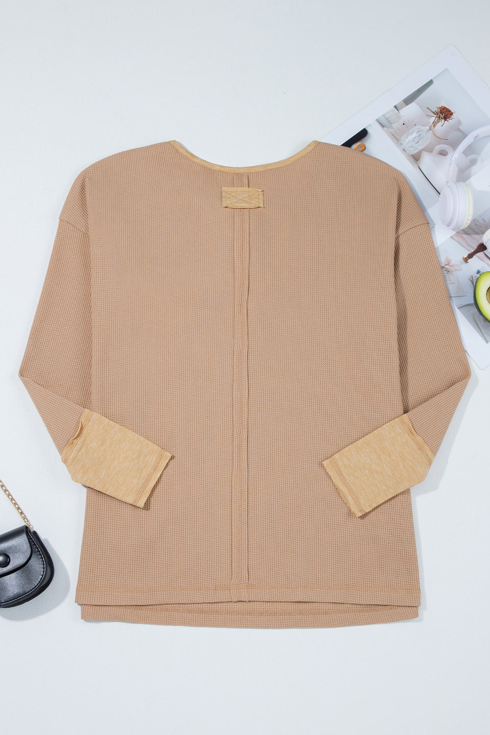 Waffle Textured Colorblock Textured Tunic Henley Cotton Top in Khaki